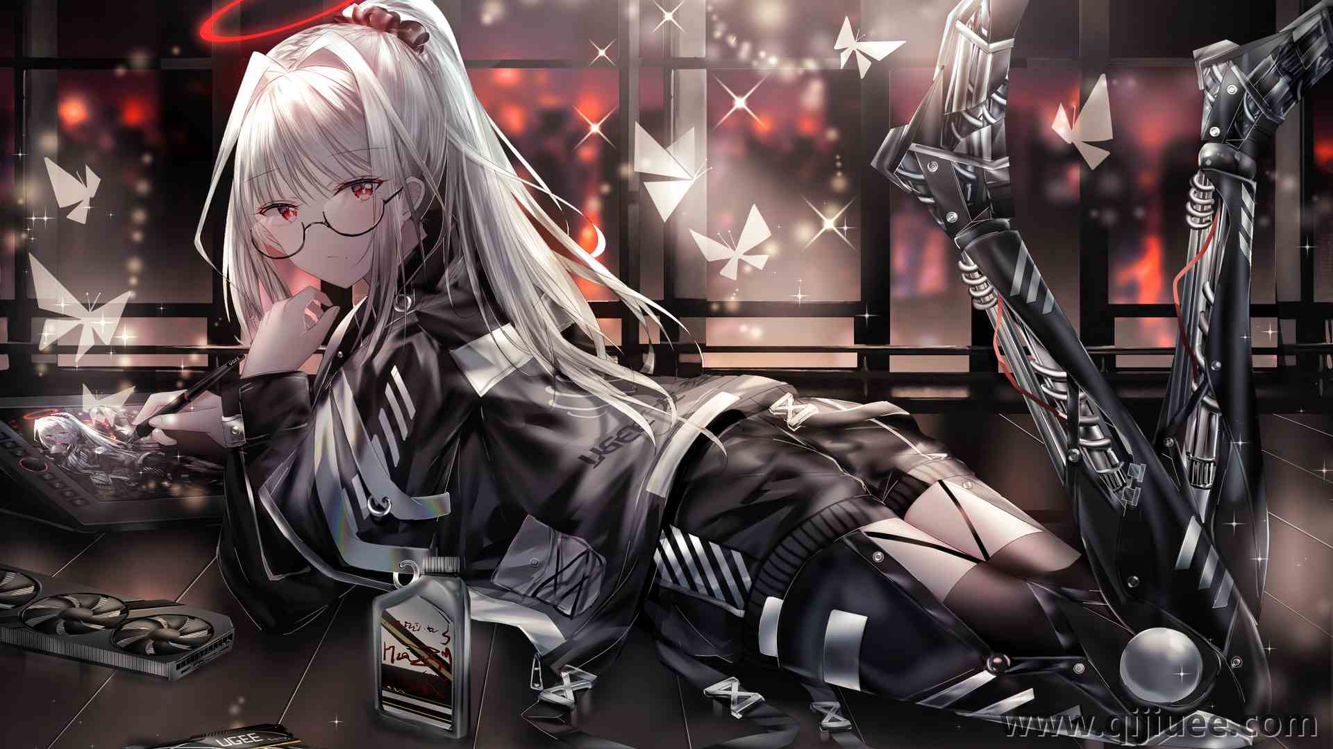 马尾辫 躺在前面 动漫 AI艺术 银发 眼镜 机器人  4K壁纸4093 x 2894/12.13 MB-柒染云阁