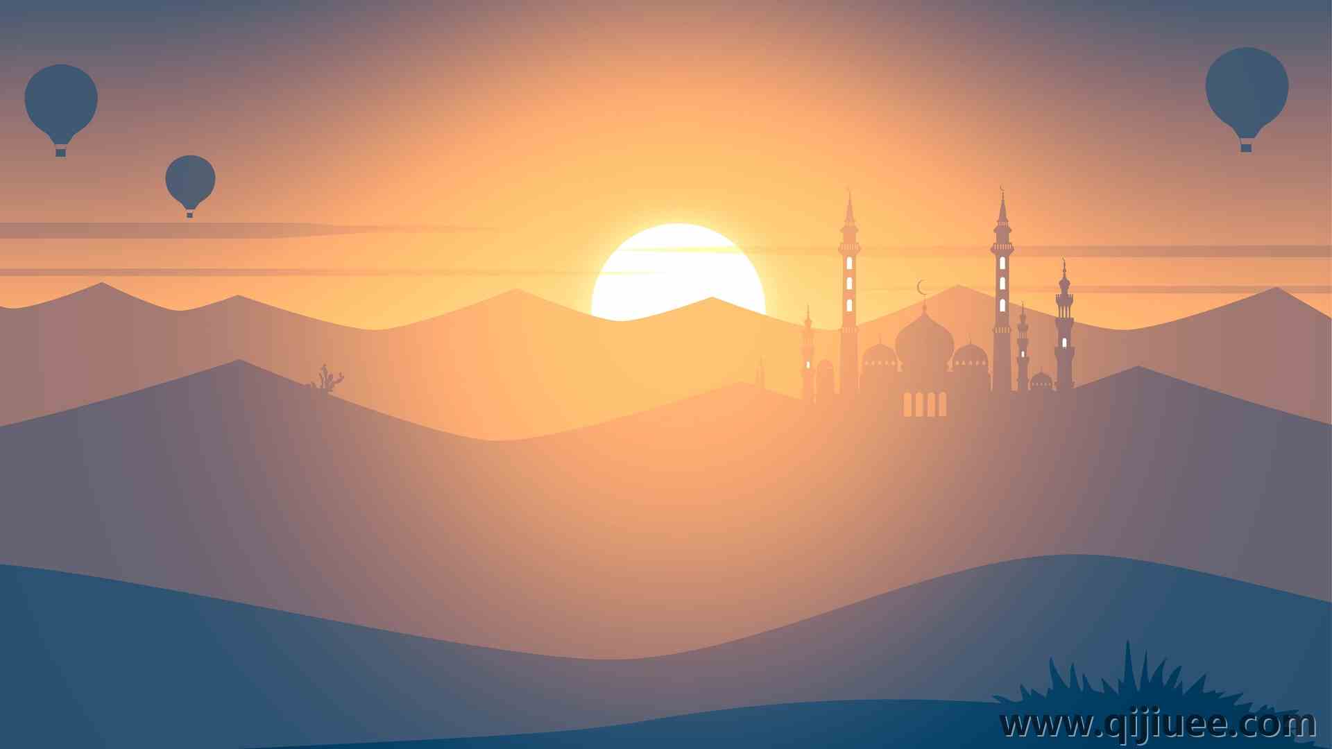 AI艺术 风景 日落 山脉 极简主义 插图 热气球  电脑壁纸 4K壁纸3840 x 2160/0.79 MB-柒染云阁