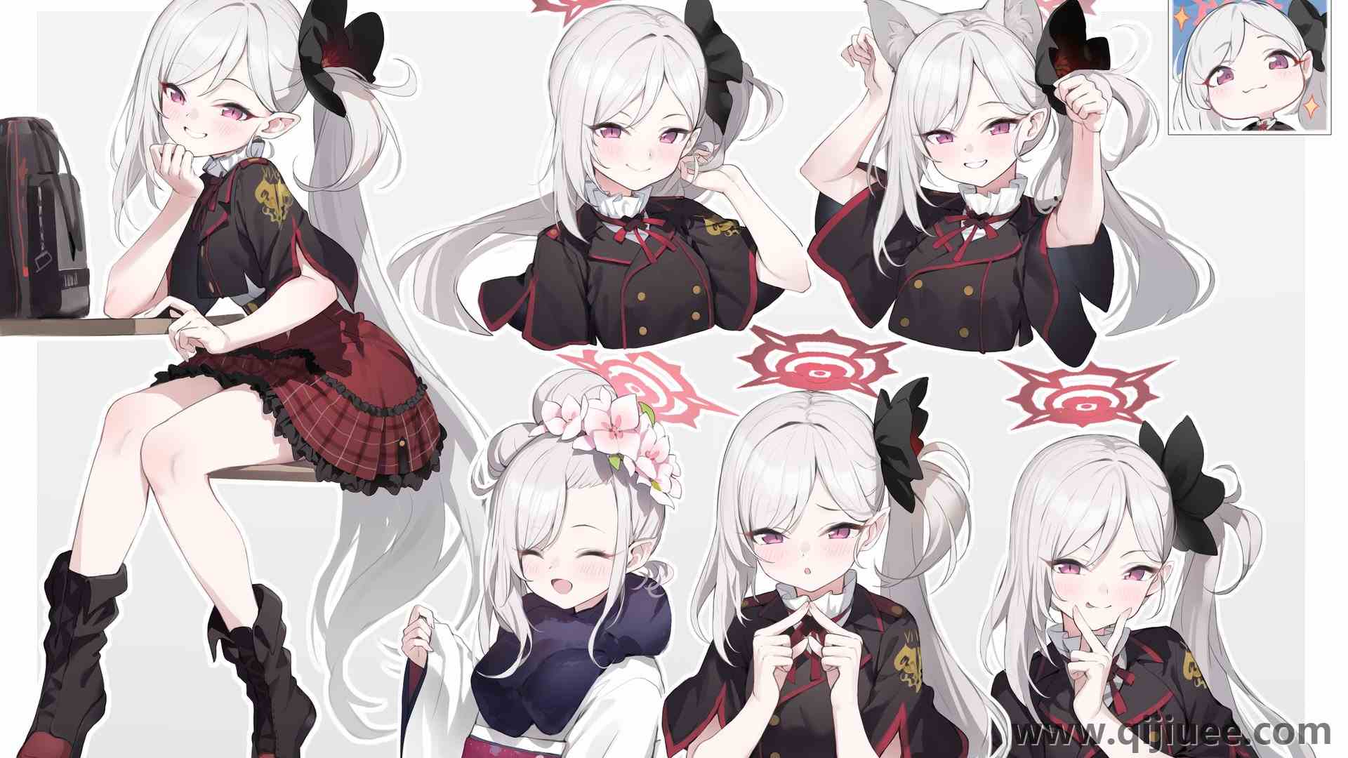 白发 长发 马尾辫 侧马尾 蔚蓝档案 白色背景 动漫女孩 兽耳 制服 4K壁纸4096 x 2662/0.97 MB-柒染云阁