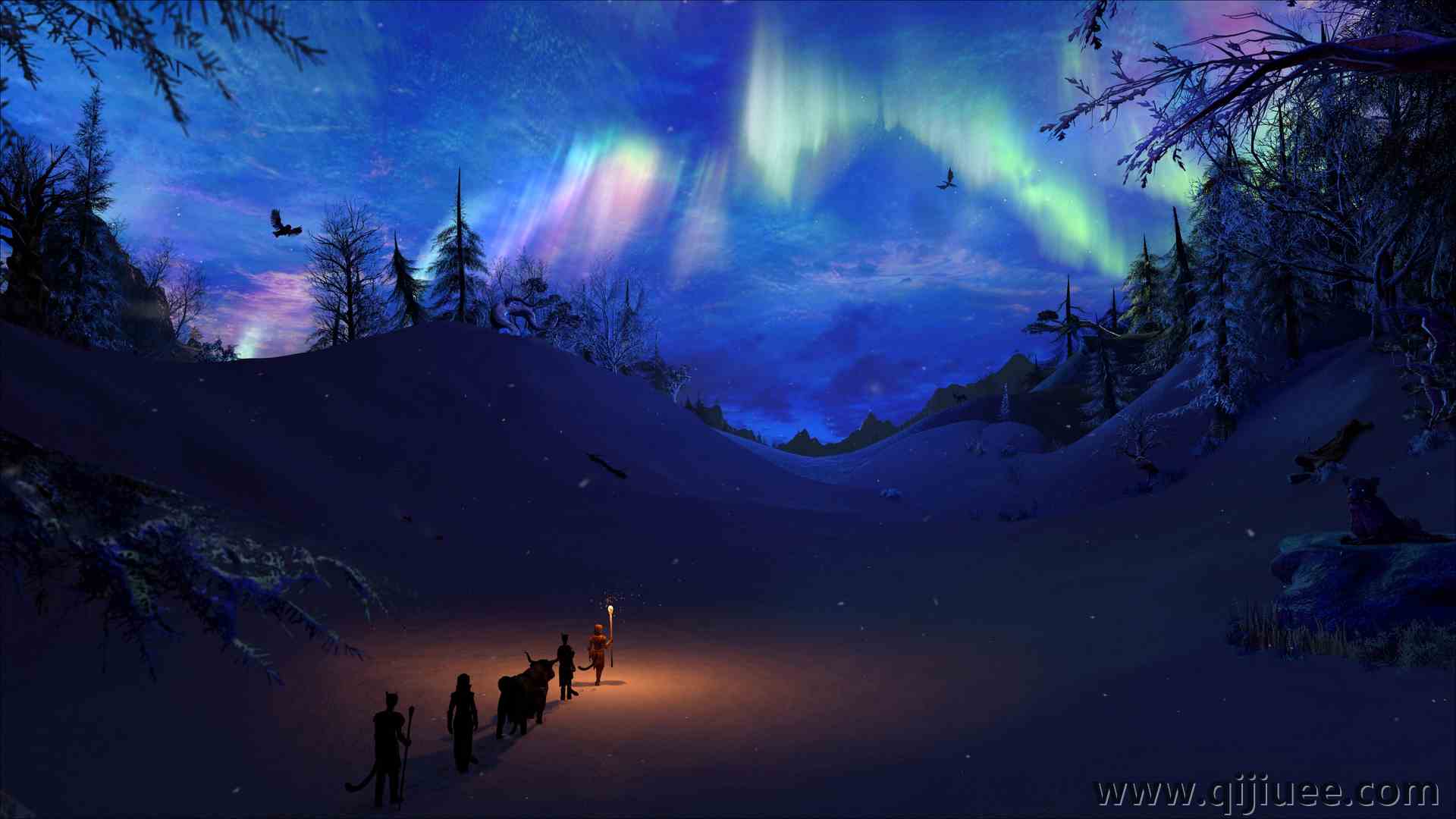 雪 奇幻艺术 夜晚 风景 长老卷轴 天际 极光  电脑壁纸 4K壁纸3840 x 2160/2.85 MB-柒染云阁