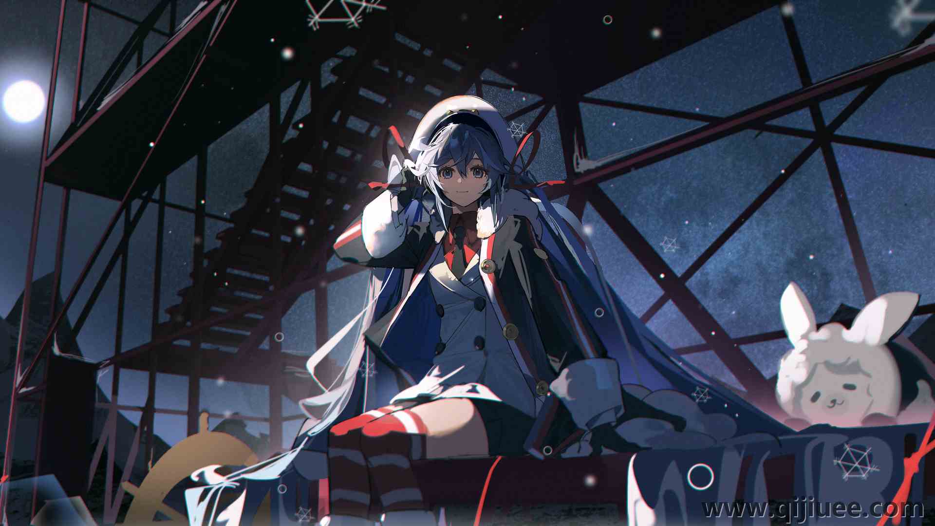 蓝头发 动漫 动漫女孩 AI艺术 月亮  4K壁纸4320 x 2242/9.81 MB-柒染云阁