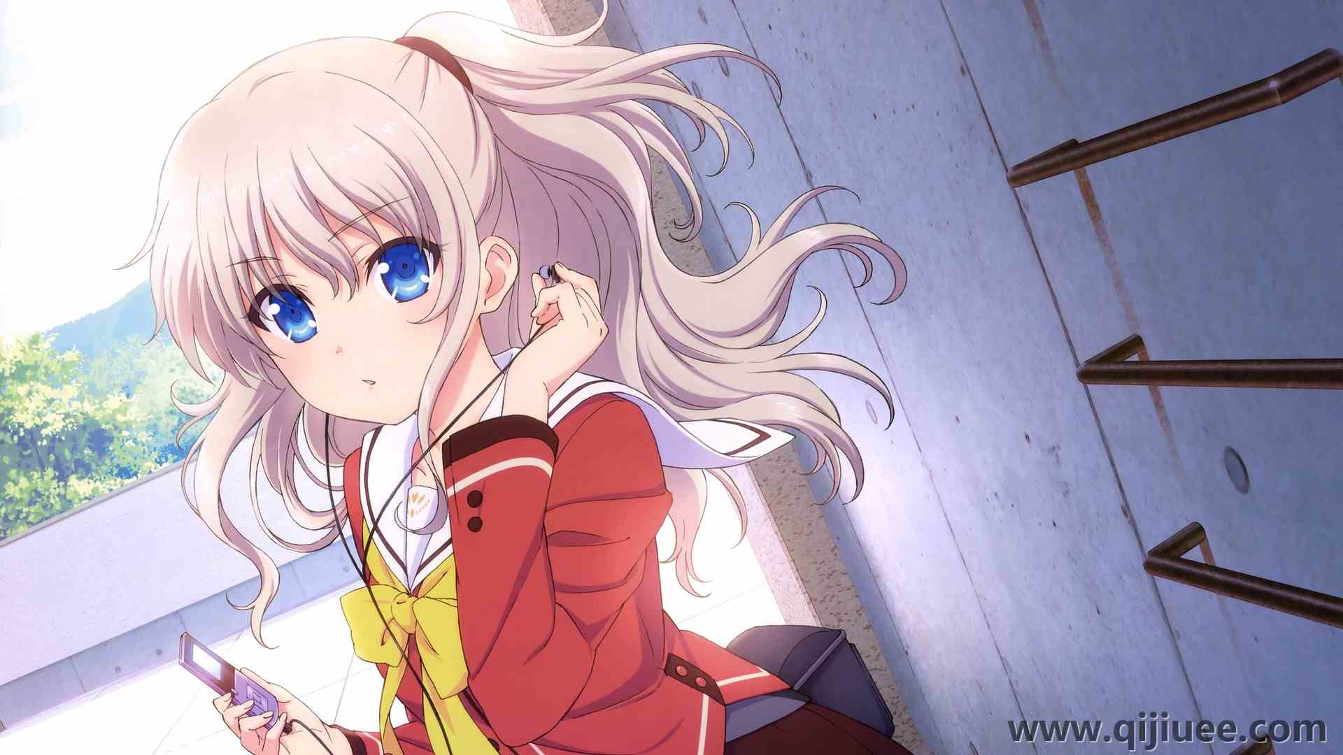 蓝眼睛 长发 户外女性 动漫女孩 动漫  动漫 校服 耳机 红色衣服  4K壁纸3840 x 2400/1.07 MB-柒染云阁