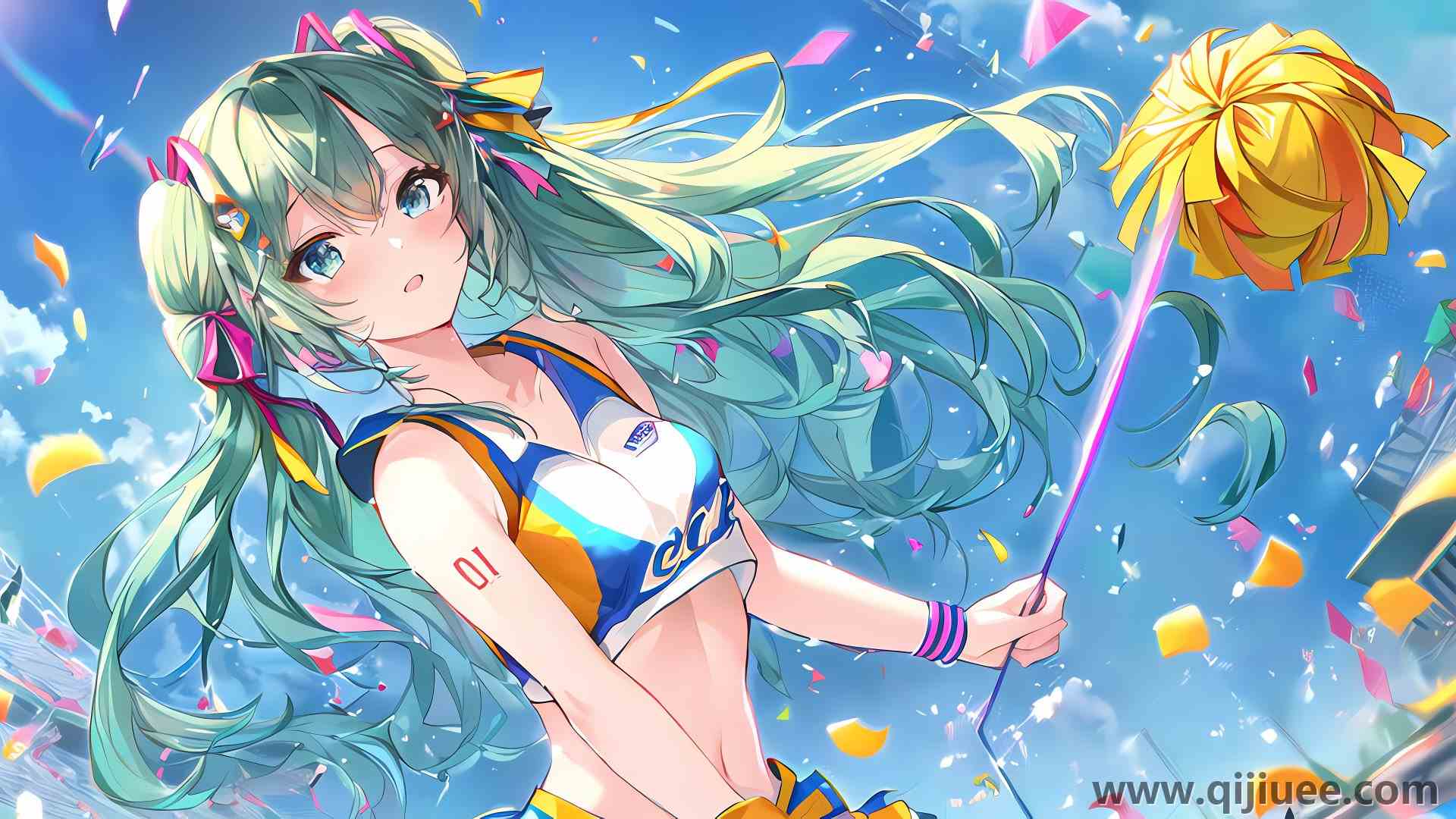 肚皮 初音 动漫女孩 小提琴 五彩纸屑 双尾 8K壁纸15360 x 7680/7.19 MB-柒染云阁