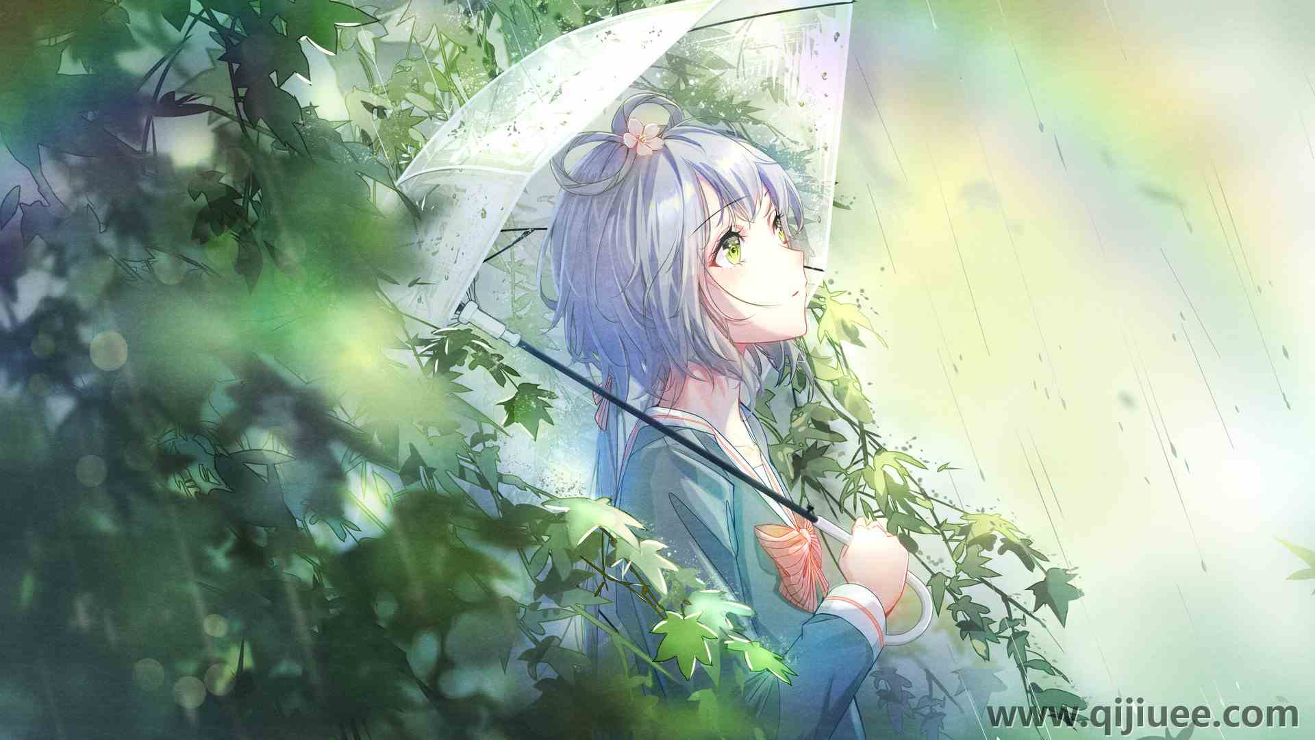 抬头 小提琴 动漫女孩 雨伞 雨 树叶 蝴蝶结 彩虹  4K壁纸4134 x 2480/3.05 MB-柒染云阁