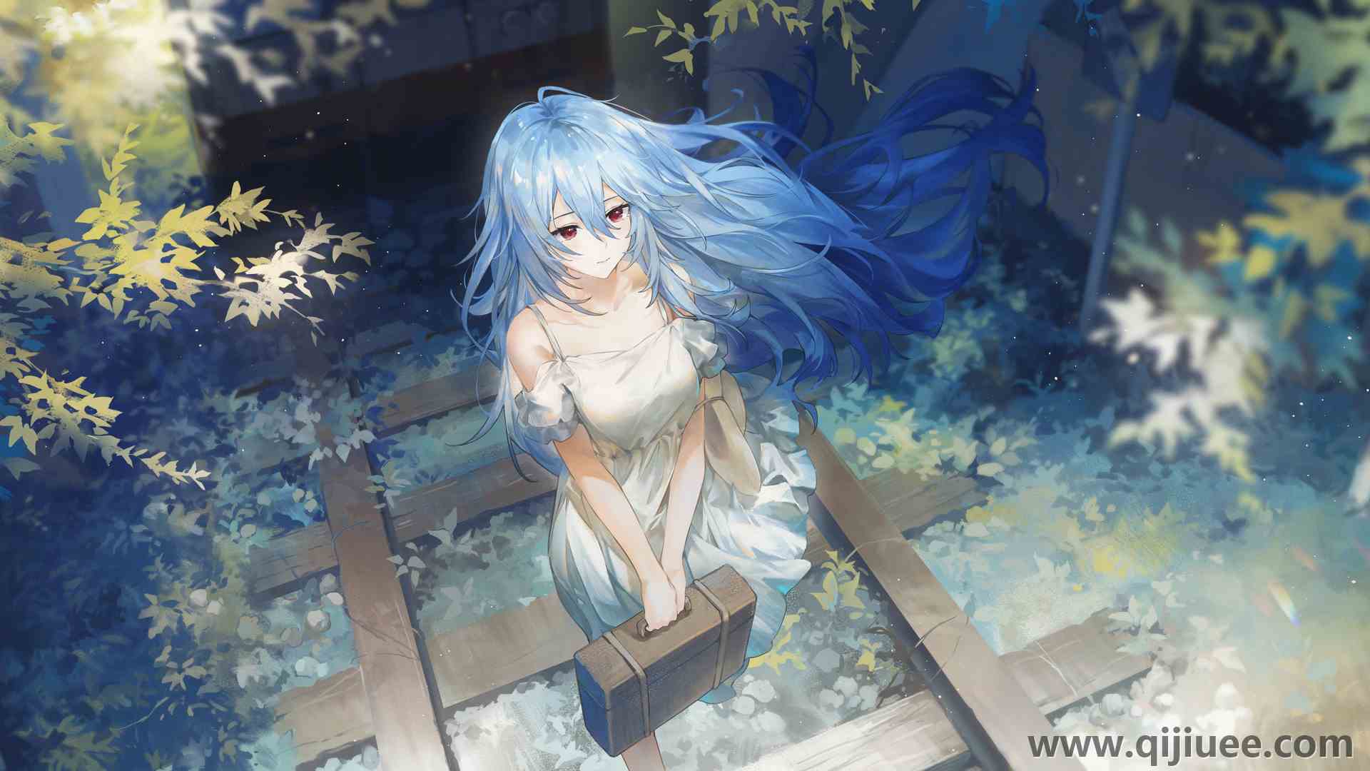蓝头发 红眼睛 衣服 铁路 手提箱 动漫 动漫女孩 4K壁纸6653 x 3240/10.74 MB-柒染云阁