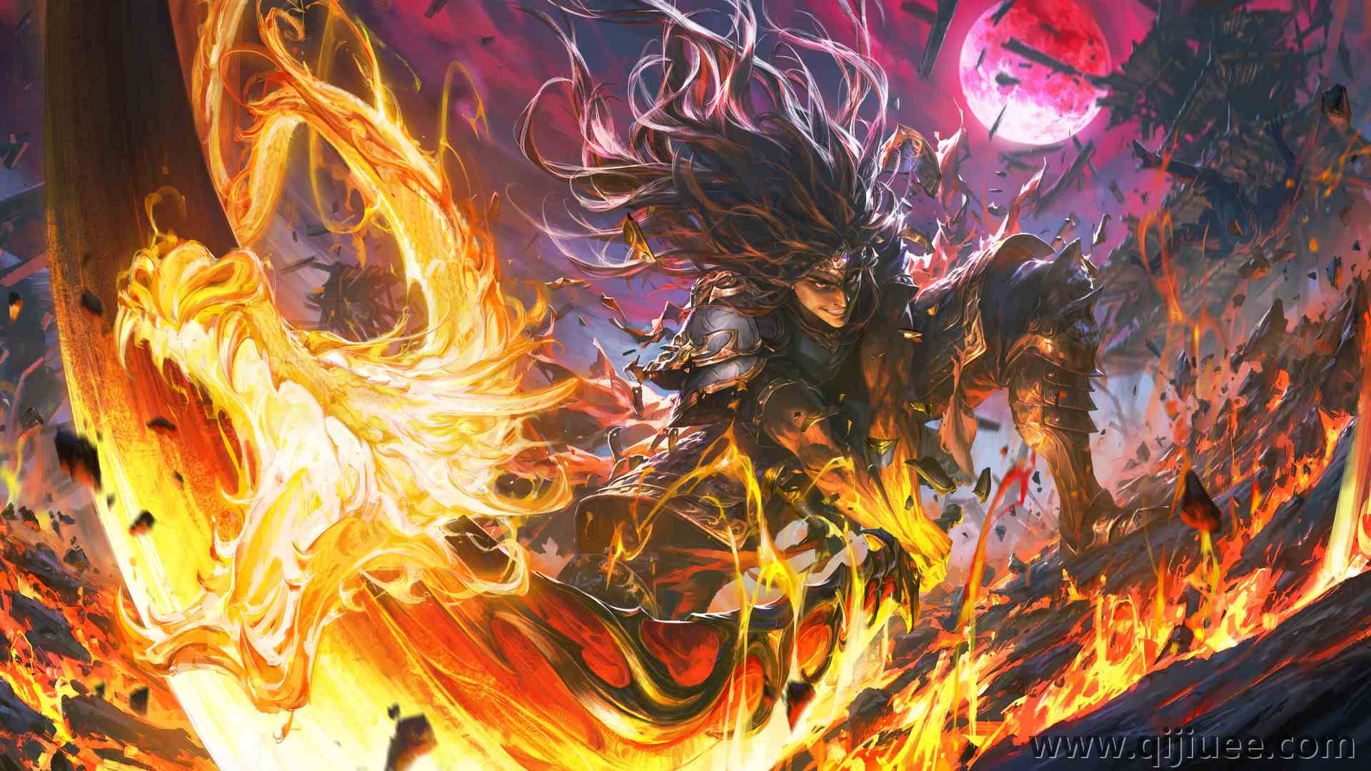幻想 男人 微笑 长发 武器 红月亮 满月 剑 火 月亮 盔甲 岩石 数字艺术 中国龙 4K壁纸5780 x 2828/4.1 MB-柒染云阁
