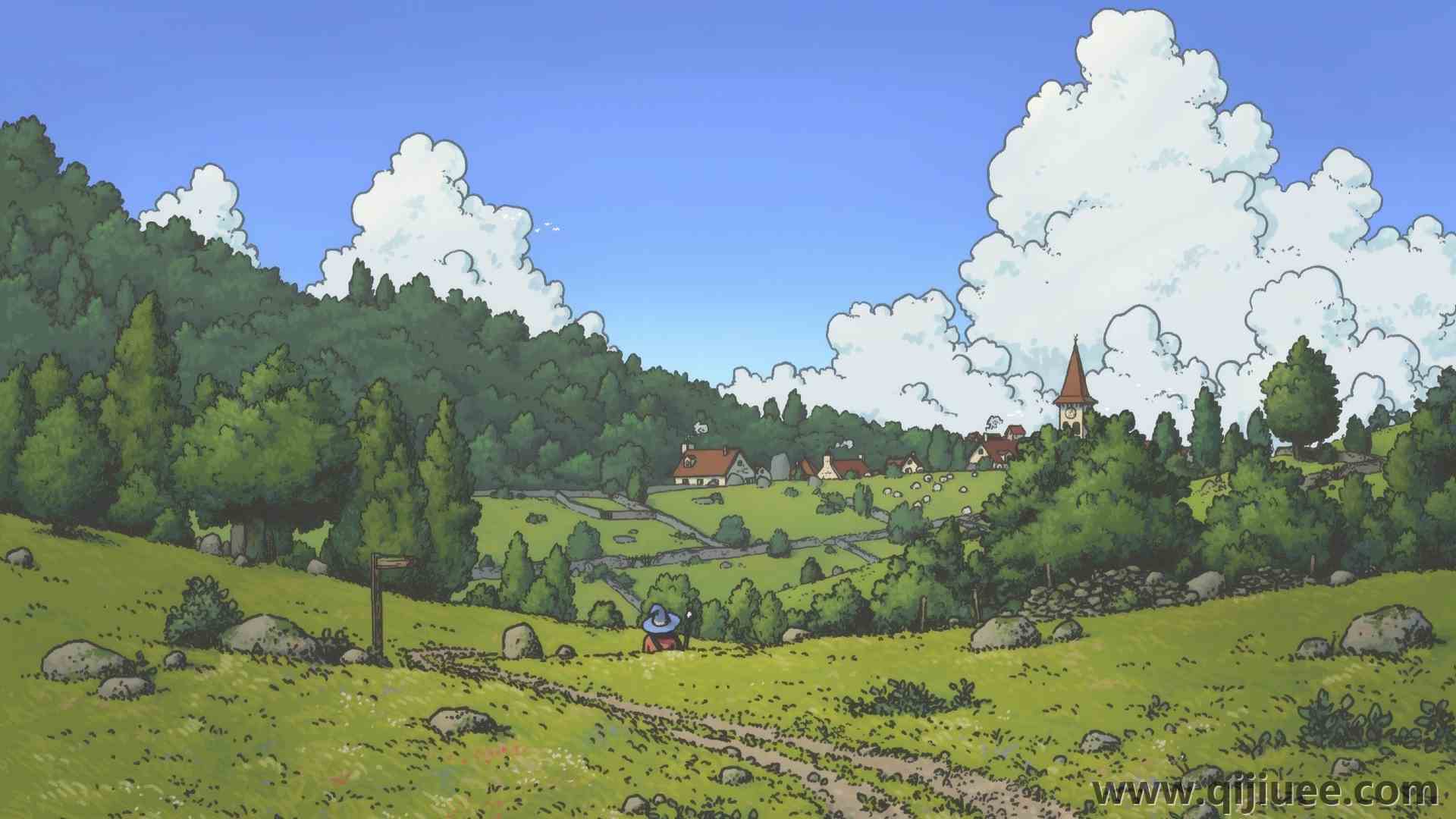 治愈 唯美 天空 草地 红帽子 简单背景 蓝色 绿色 巫师 自然 森林 4K壁纸3840 x 2160/3.98 MB-柒染云阁