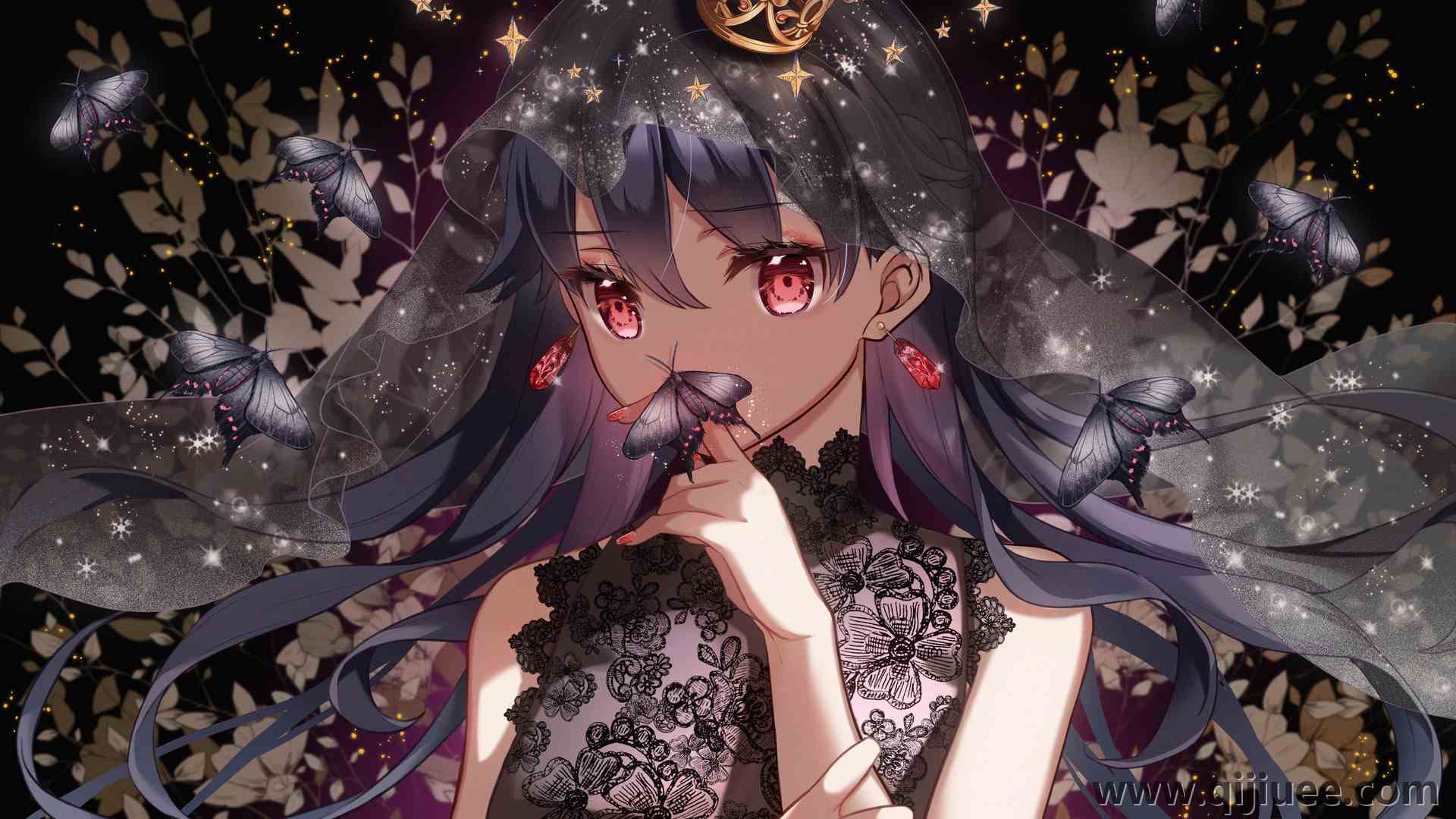 原创人物 长发 深色头发 红眼睛 动漫女孩 动漫 面纱 连衣裙 蝴蝶  4K壁纸5732 x 4047/4.91 MB-柒染云阁