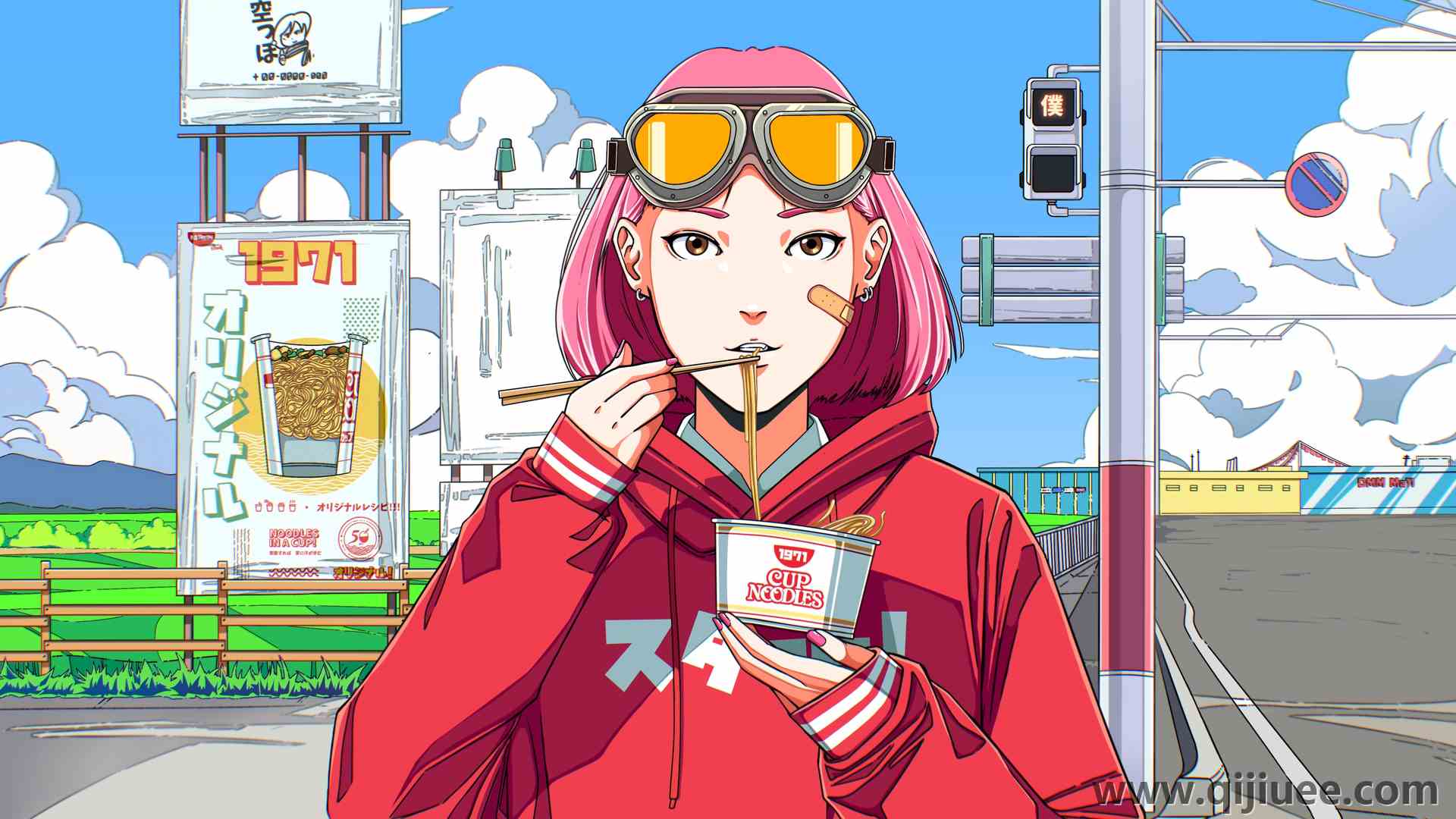 粉红色头发 户外数字 艺术 插图 街道 云 红绿灯 面条 动漫 女孩 天空 创可贴 兜帽 护目镜 道路 4K壁纸3876 x 2943/9.18 MB-柒染云阁
