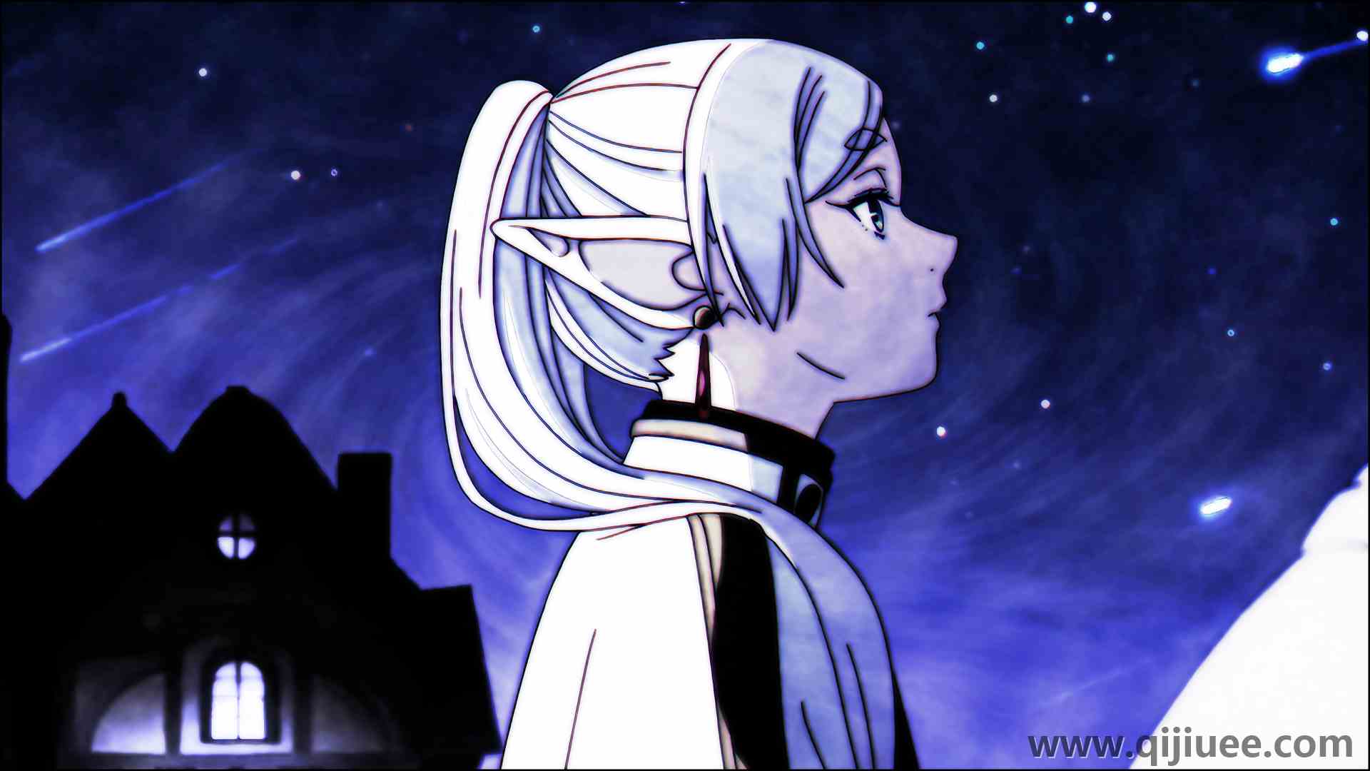 白发 马尾辫 星星 动漫女孩 尖耳朵 耳环 天空 夜晚 流星 4K壁纸3840 x 2160/5.61 MB-柒染云阁