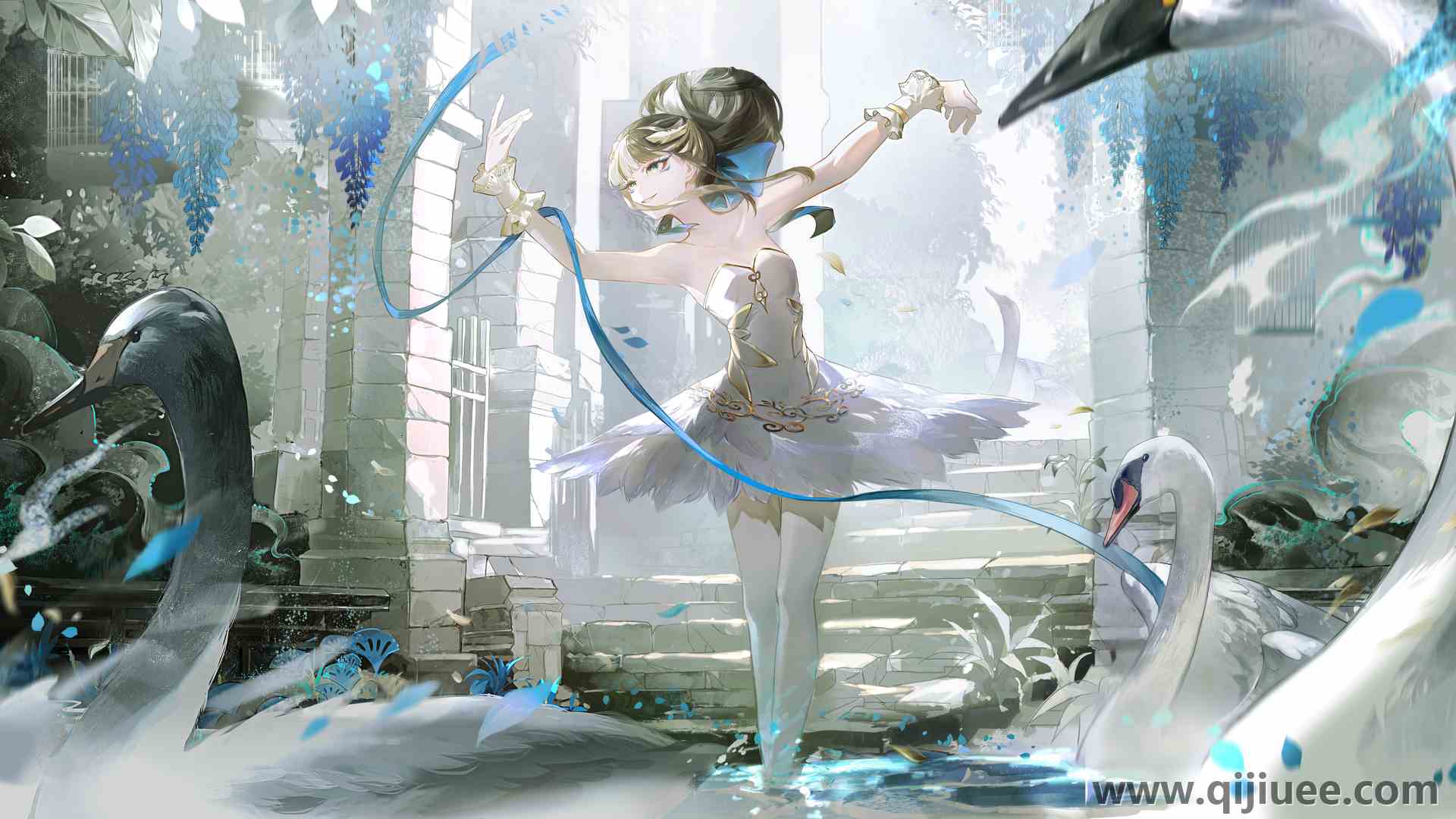 露肩 户外 女人 蓝眼睛 水 天鹅湖 天鹅 黑发 白色连裤袜 楼梯 花瓣 树叶 水滴 舞蹈 动物 蓝丝带 鸟笼子 4K壁纸7317 x 4028/14.35 MB-柒染云阁