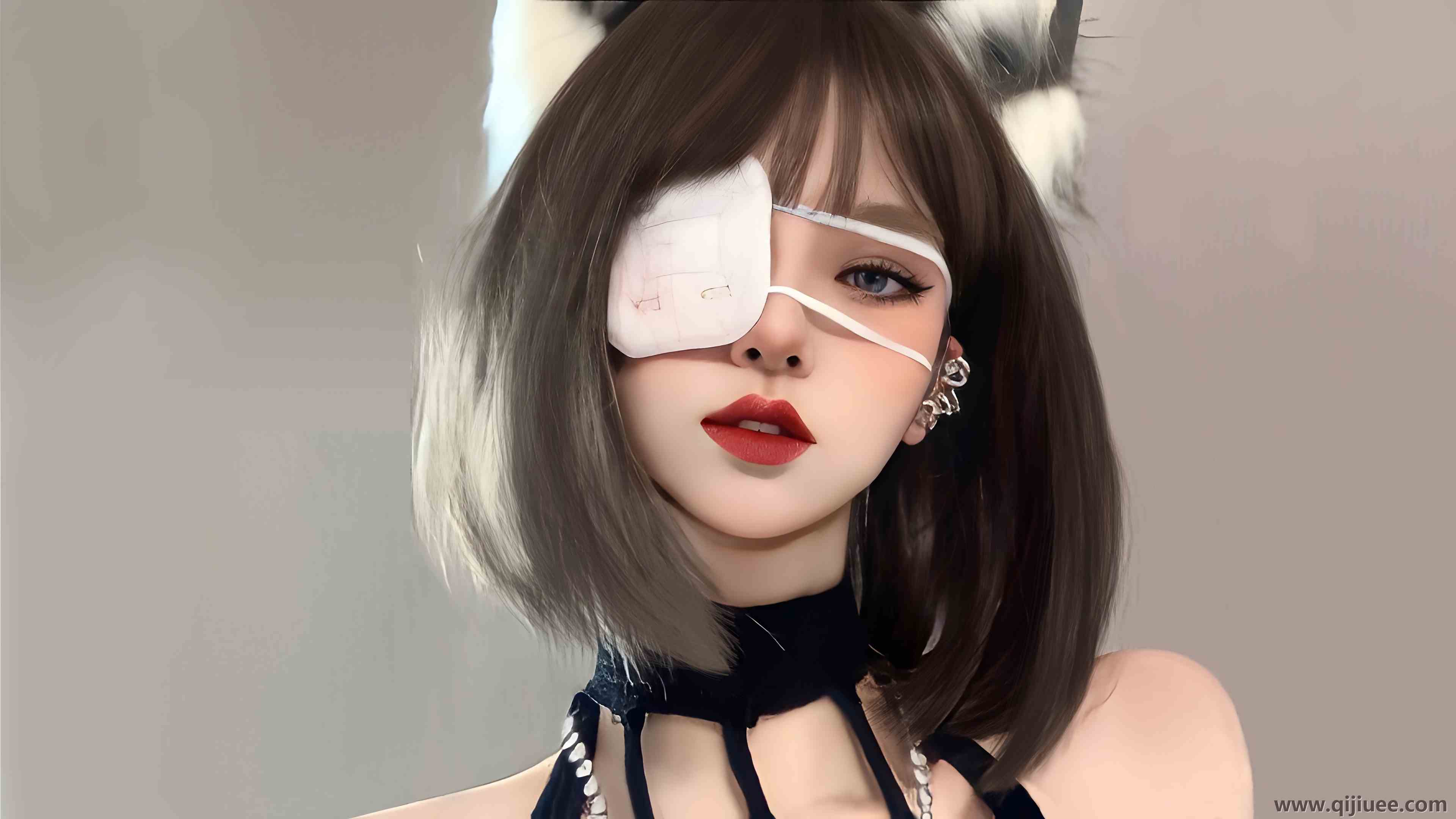 深色皮肤 脸部 女性 齐肩头发 红色 口红 AI艺术 极简主义 简单背景 眼罩 毛茸茸 耳朵 兽耳 4K壁纸3840 x 2160/1.51 MB-柒染云阁