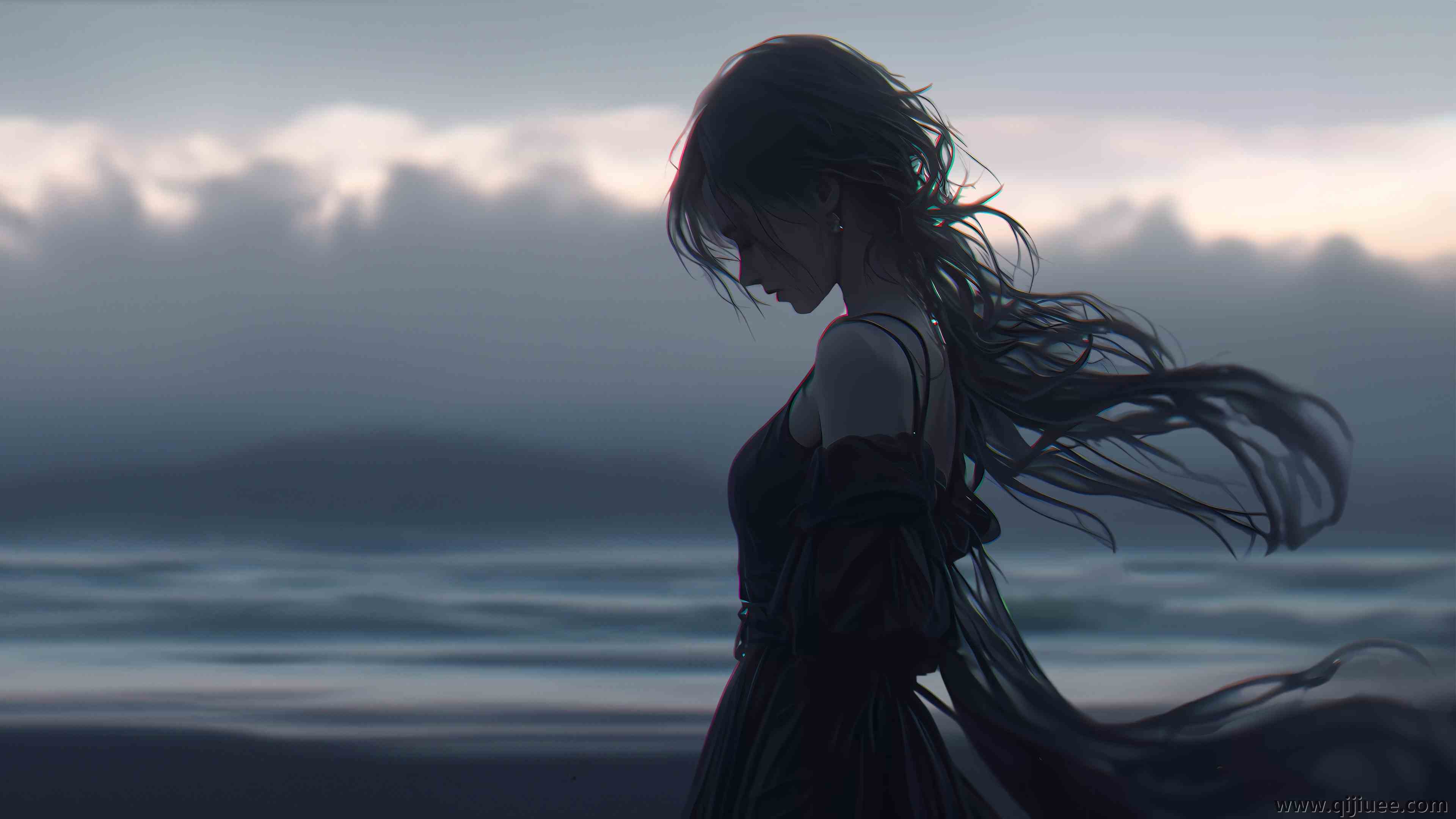 暗色 女孩 长发 黑色 裙子 白云 海边 侧脸 4K壁纸3840 x 2160/2.33 MB-柒染云阁