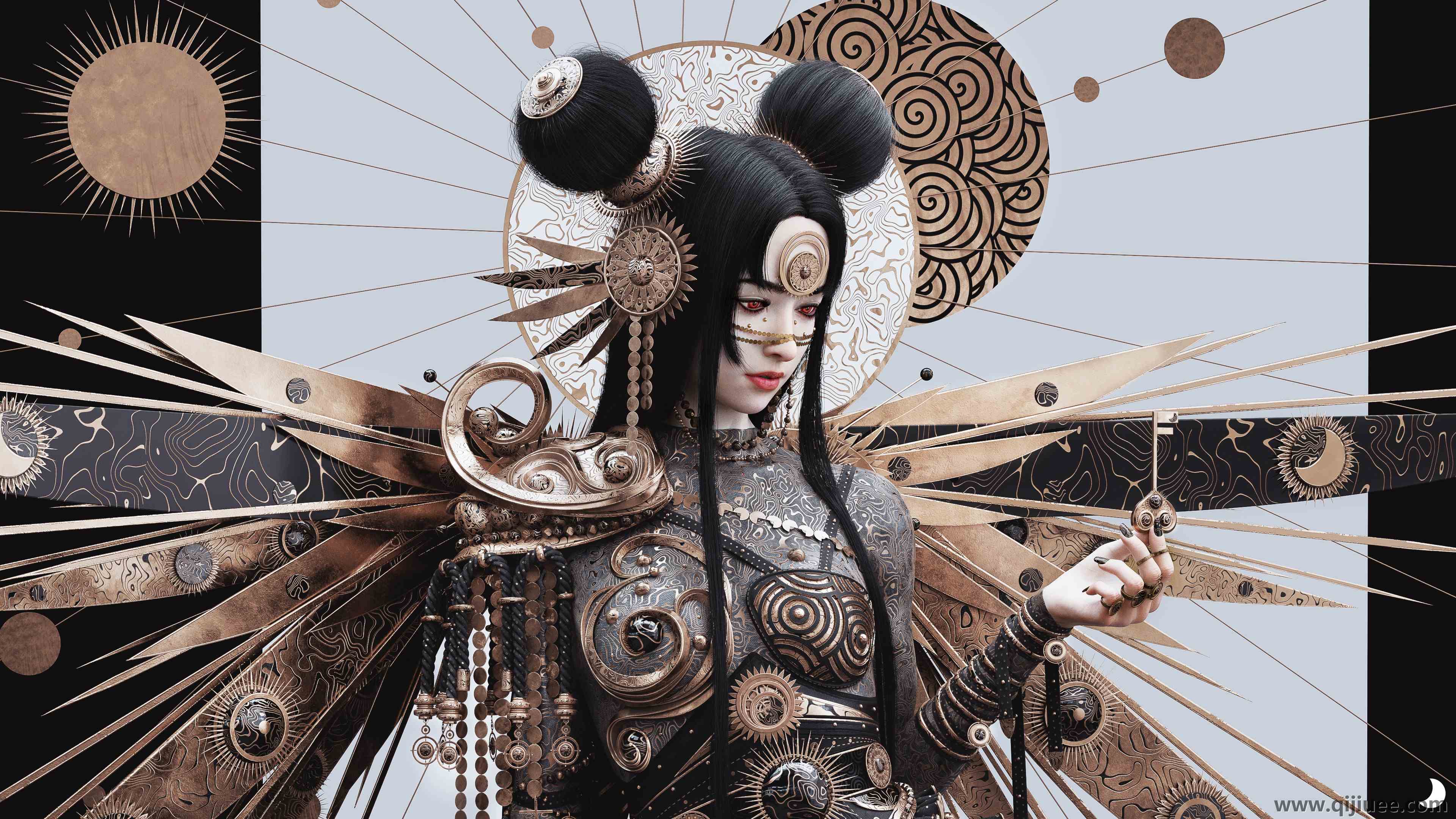 女性 奇幻女孩 长发 红色眼睛 彩绘指甲 黑发 AI艺术 艺术 奇幻艺术 黑色指甲 4K壁纸3840 x 2160/2.74 MB-柒染云阁