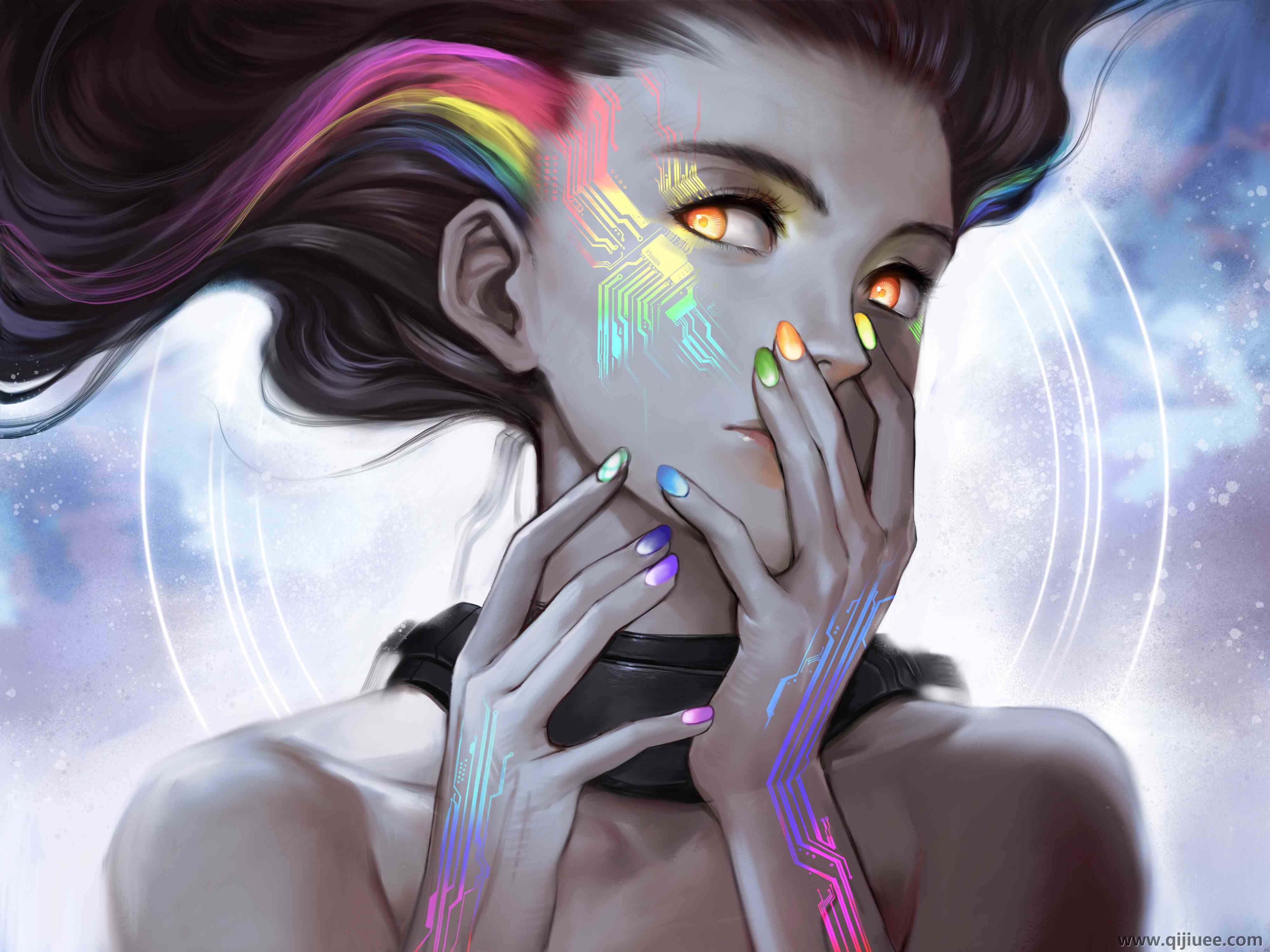 女人 奇幻女孩 长发 橙色眼睛 AI艺术 奇幻艺术 未来主义 五颜六色 彩虹 科幻 彩色指甲 4K壁纸4000 x 3000/1.22 MB-柒染云阁