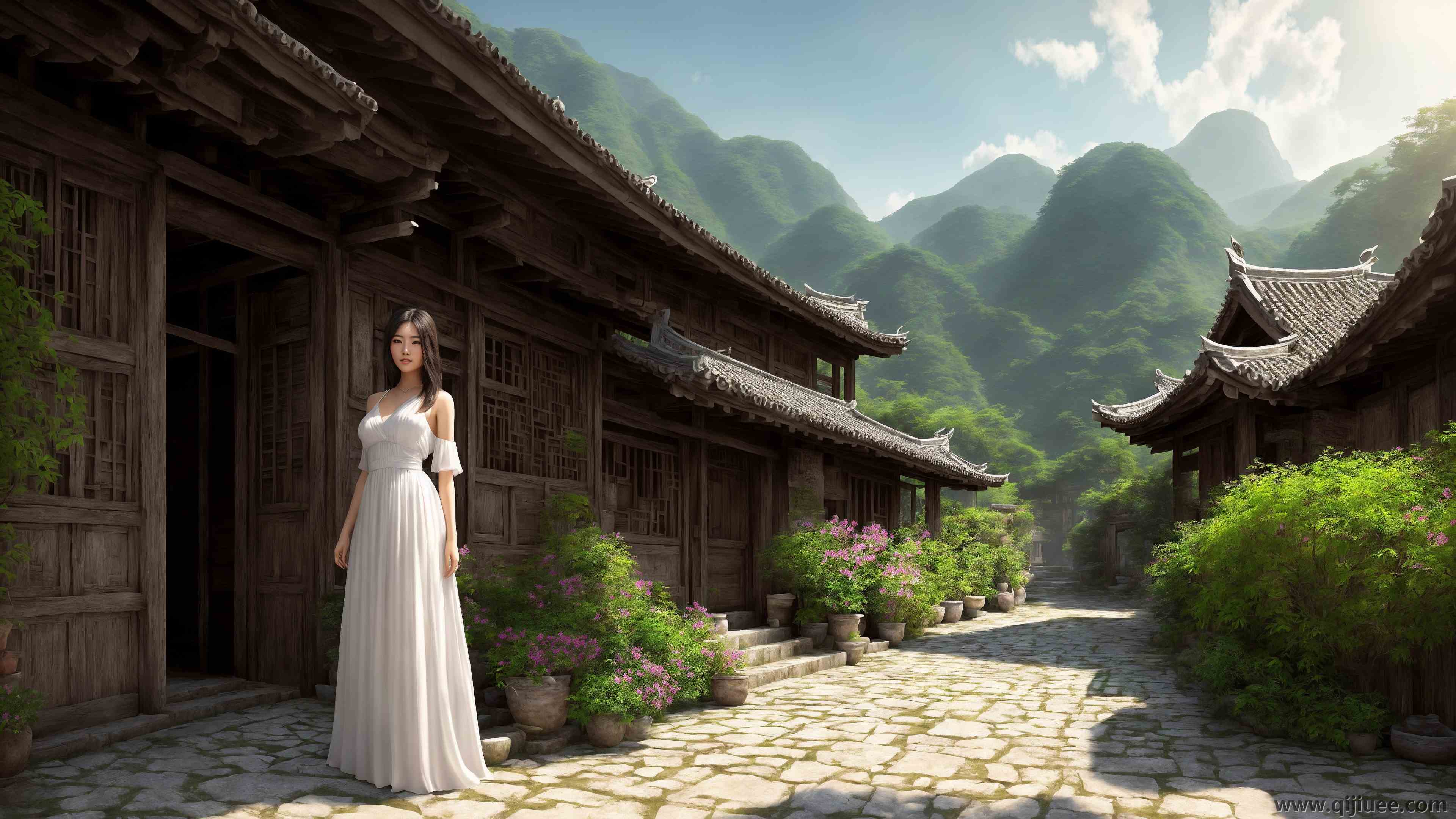 村庄 艺术 鲜花 山脉 白色连衣裙 4K壁纸3840 x 2160/12.67 MB-柒染云阁