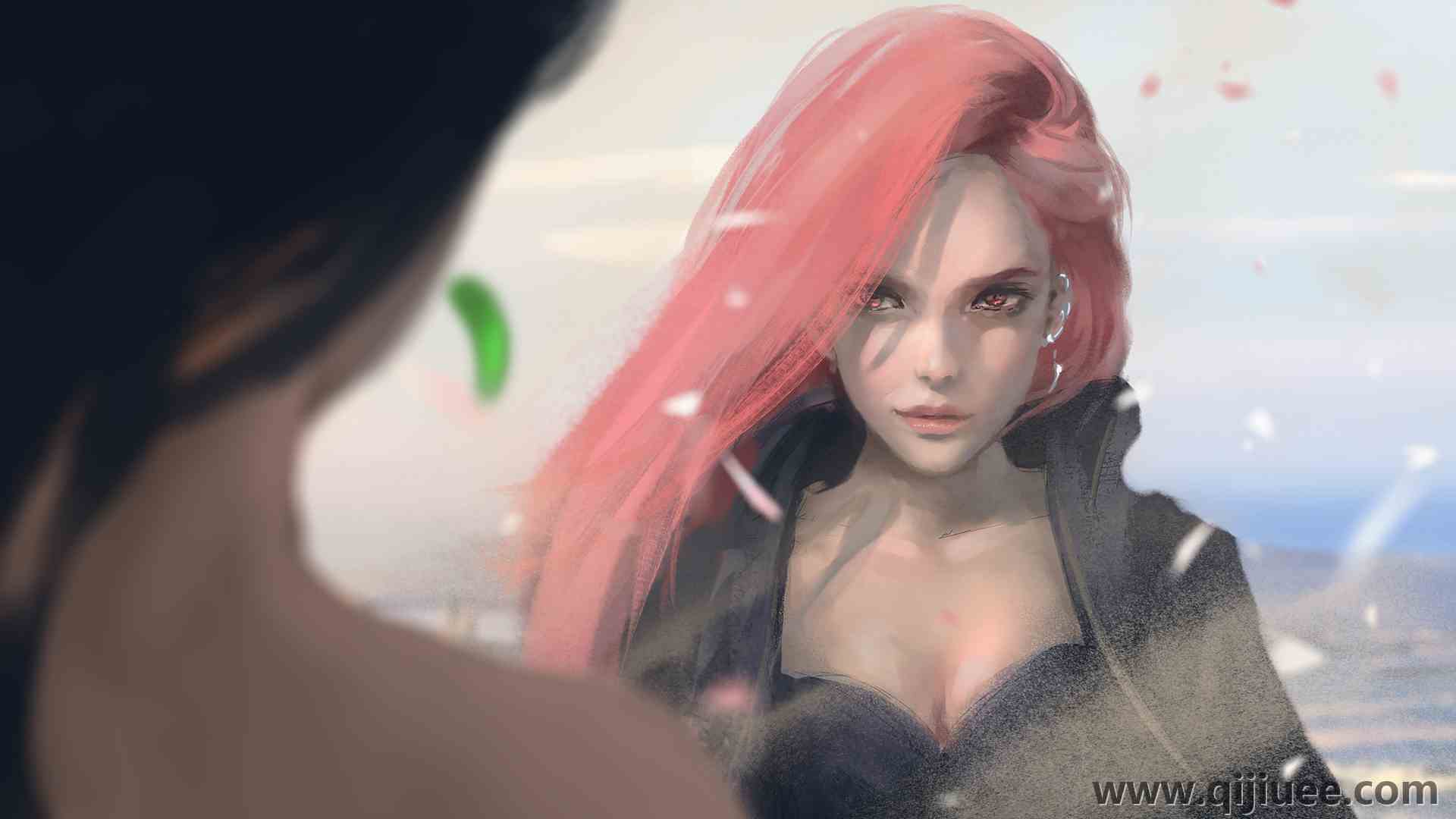 粉色头发 长发 红眼睛 决斗 动漫 花瓣 4000 x 2425/2.93 MB-柒染云阁