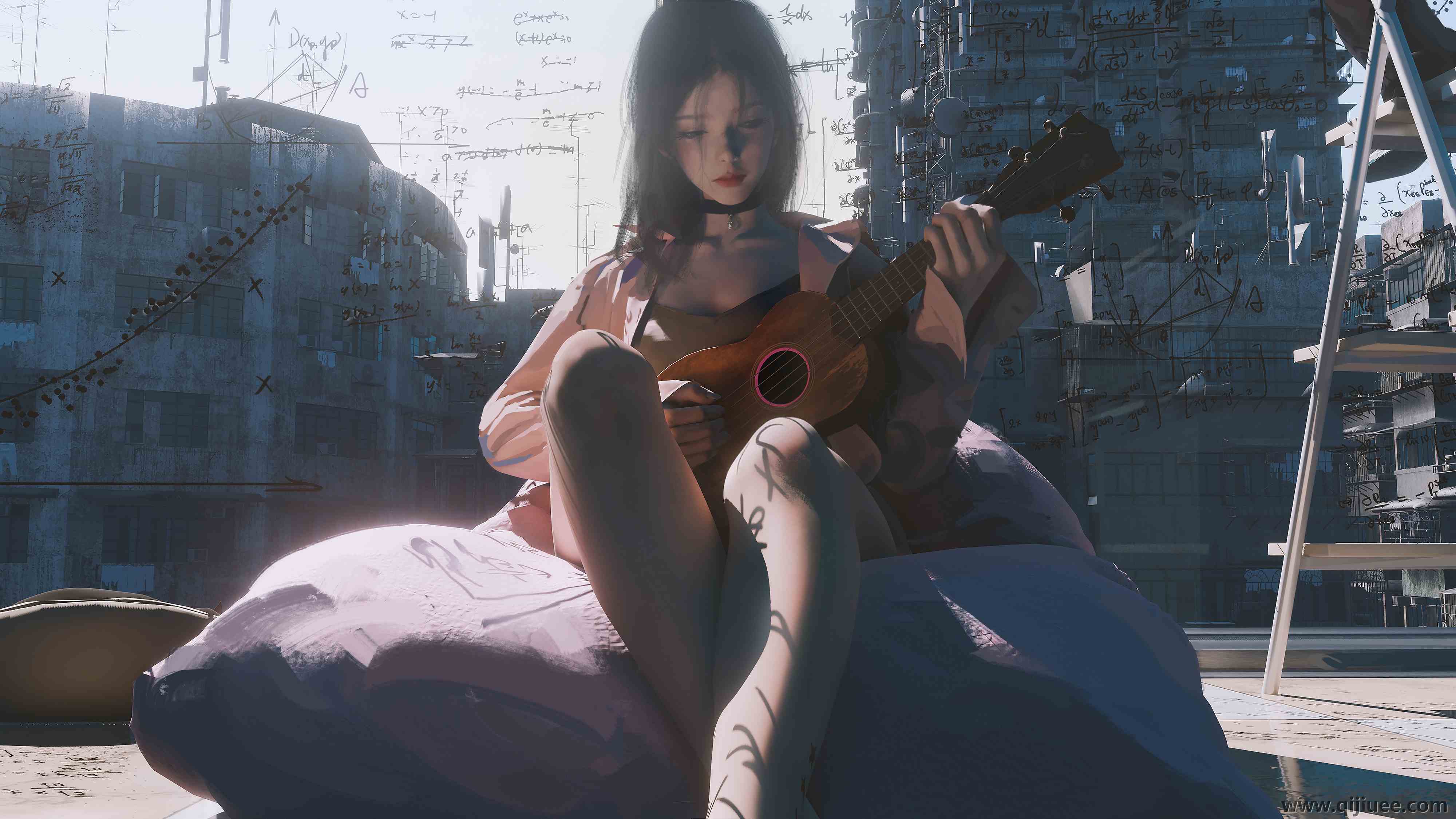 女性 吉他 插图 乐器 宽屏 项链 公式 4K壁纸4000 x 2250/4.56 MB-柒染云阁