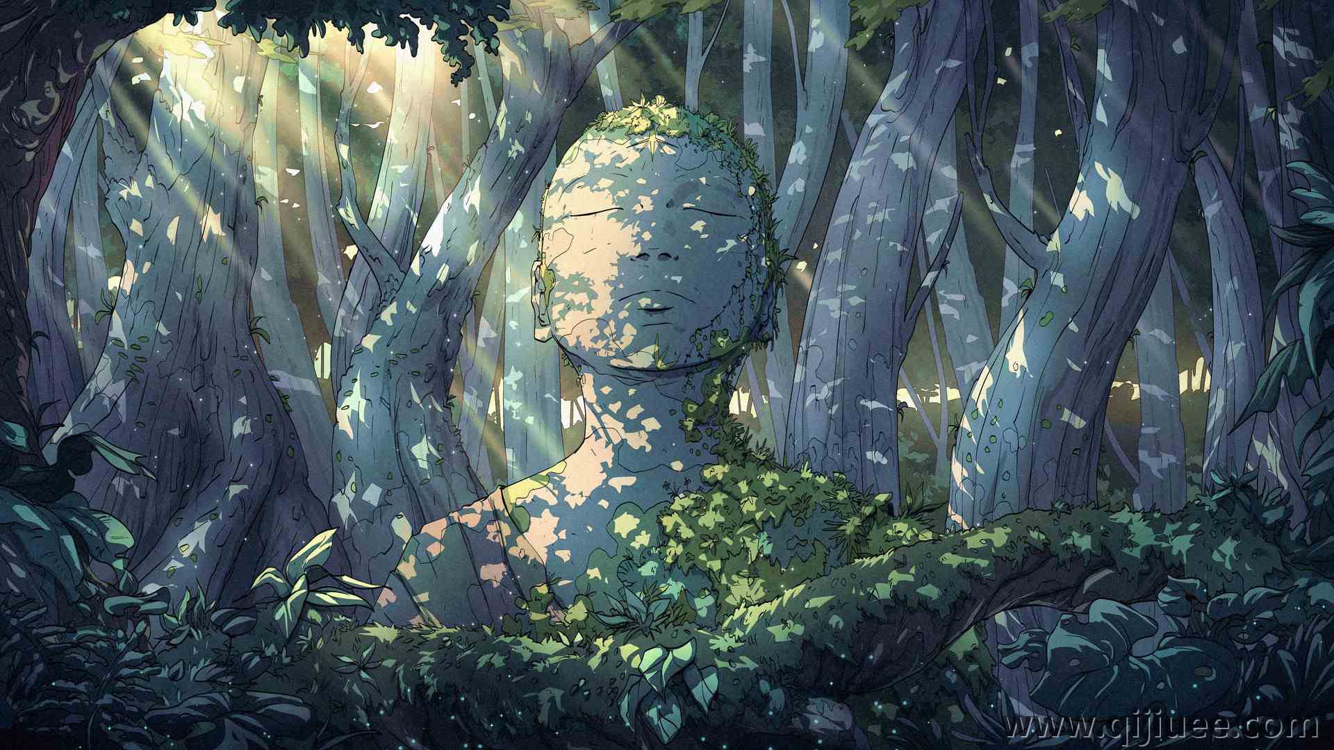 AI艺术 奇幻艺术 雕像 阳光 阳光 森林 树木 自然  电脑壁纸 4K壁纸3840 x 2160/3.16 MB-柒染云阁
