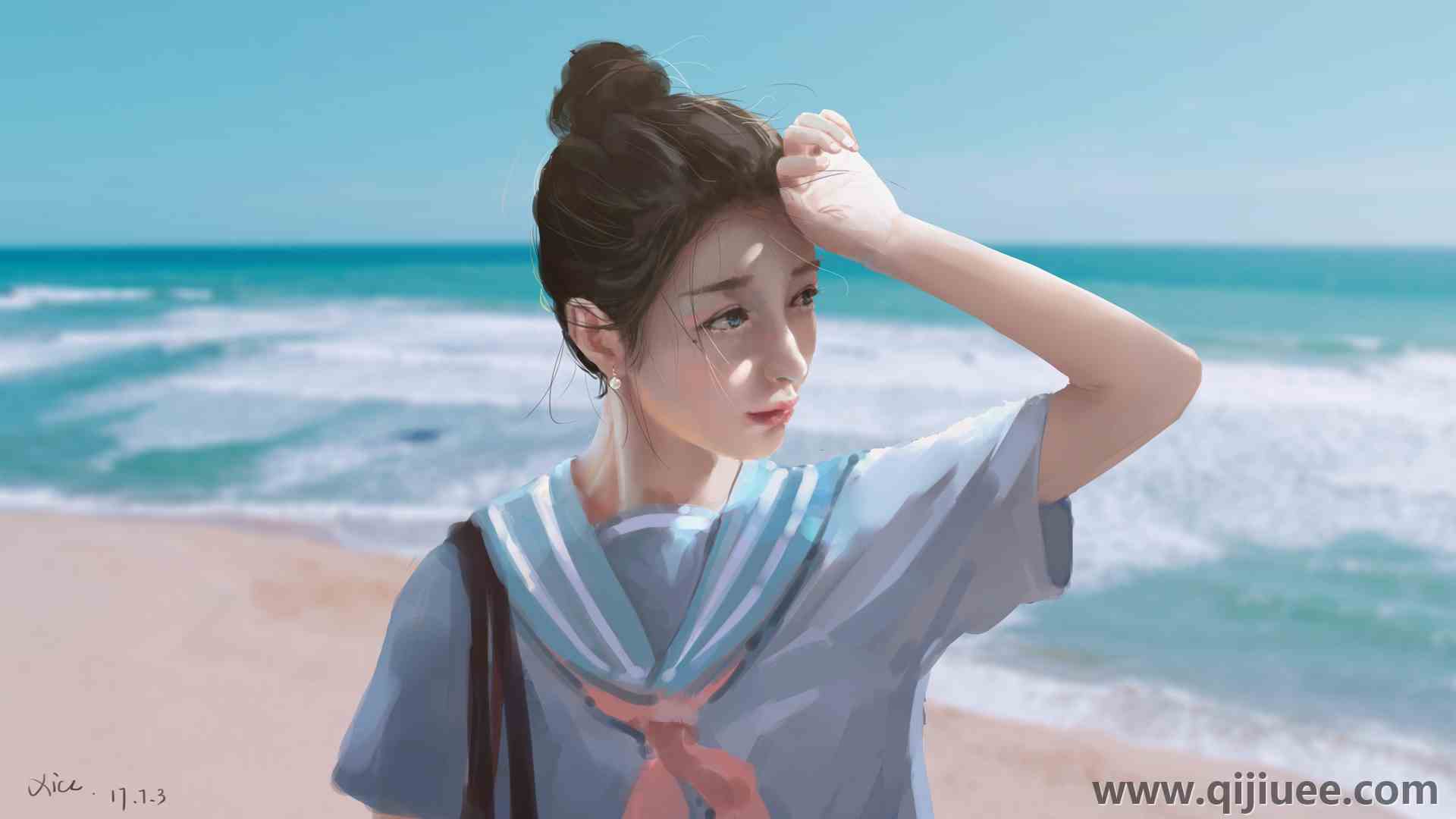 黑发 脸 天空 动漫女孩 海边女孩人物照3840 x 2160/0.94 MB-柒染云阁