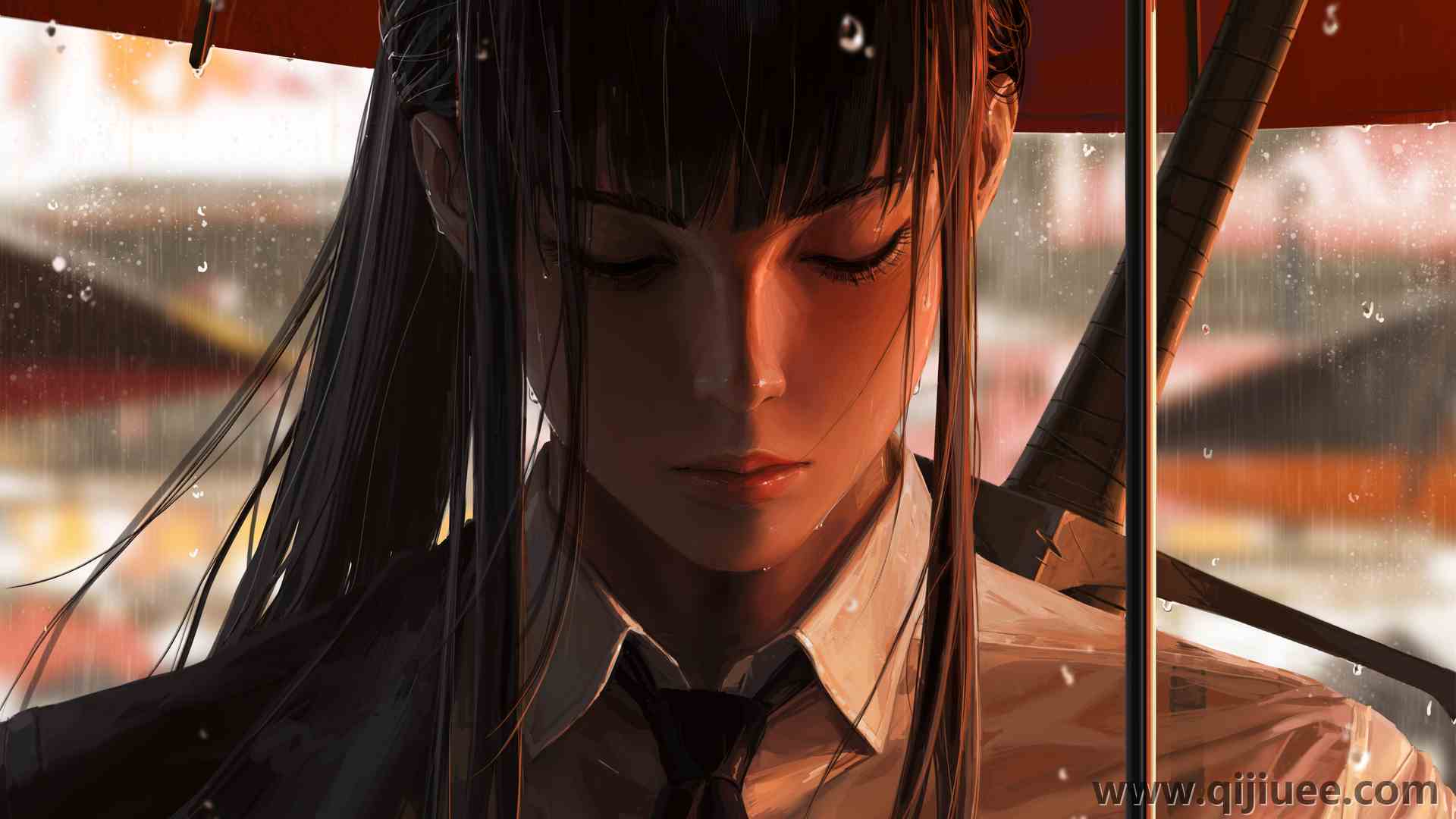 黑发 原创人物 奇幻女孩 马尾辫 闭眼 雨 伞 素描 肖像  电脑壁纸 4K壁纸6000 x 3753/6.32 MB-柒染云阁