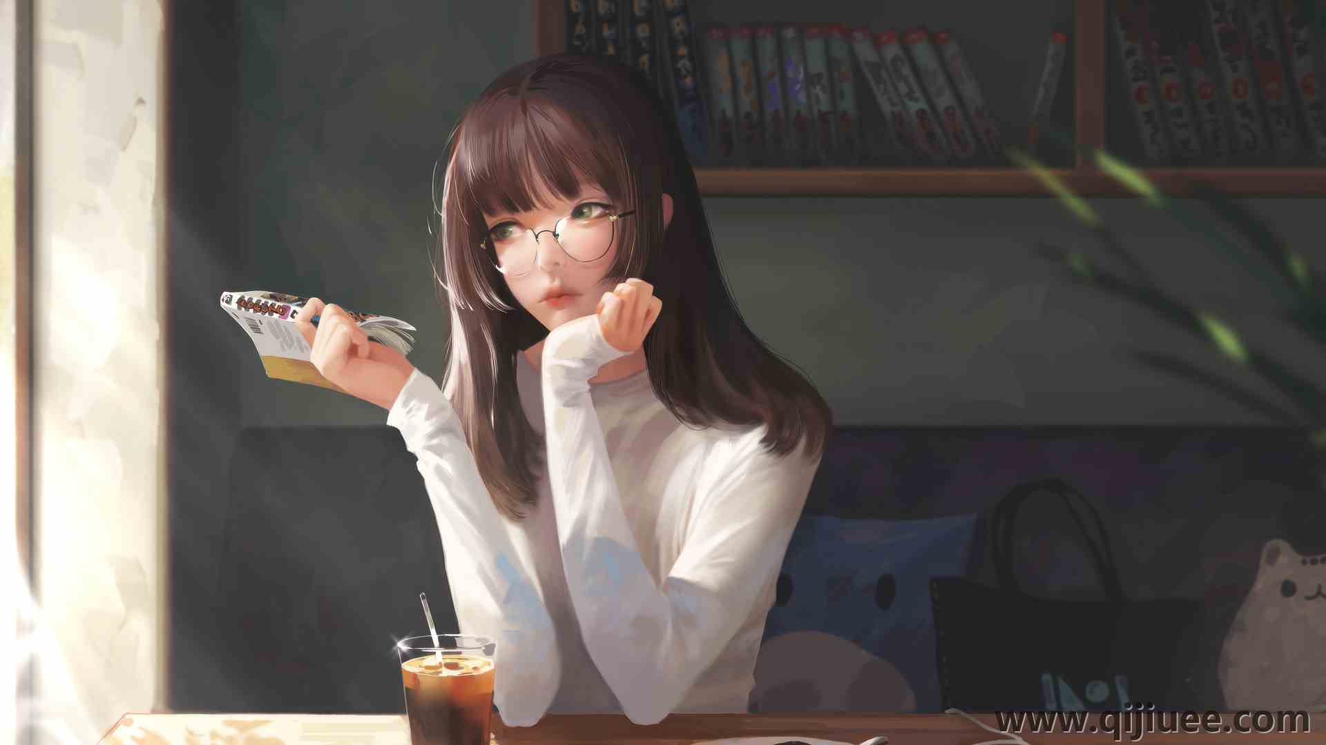 原创人物 深色头发 目光移开 咖啡馆 书籍 眼镜 动漫女孩 饮料  电脑壁纸 4K壁纸3840 x 2160/1.32 MB-柒染云阁