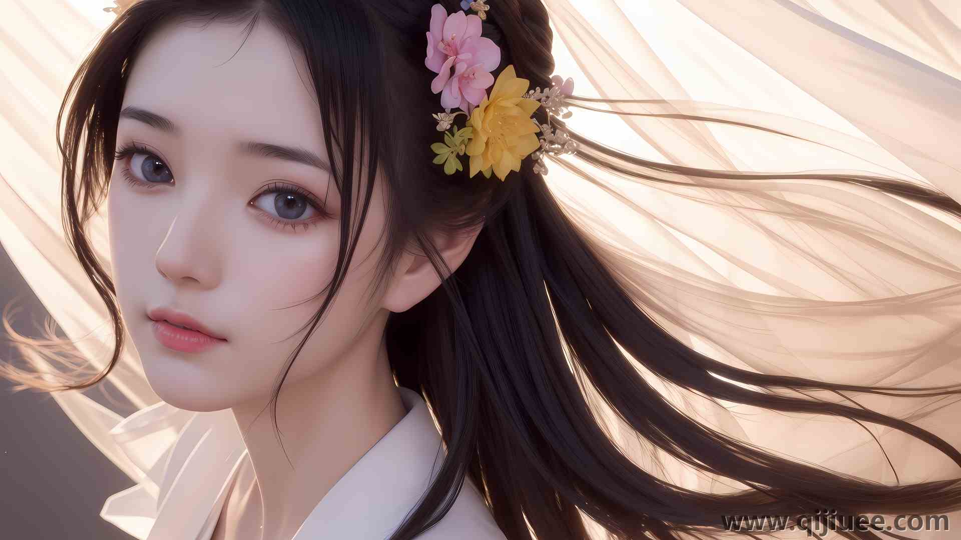 亚洲 女性 脸 长发 人工智能艺术 头发里的花  电脑壁纸 4K壁纸6144 x 4096/7.57 MB-柒染云阁