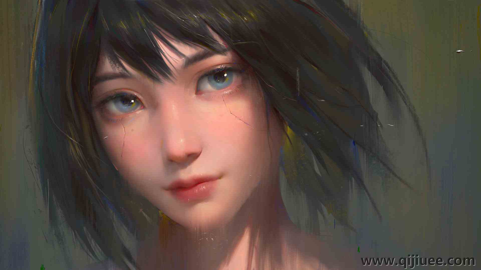女性 蓝眼睛 深色头发 短发 脸 AI艺术 绘画 肖像 绘画  电脑壁纸 4K壁纸5000 x 2515/1.5 MB-柒染云阁