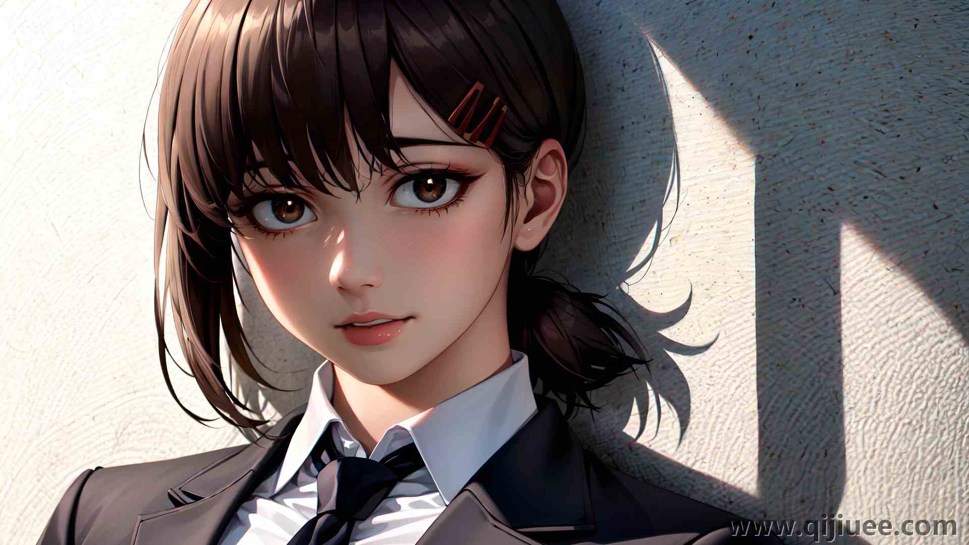脸 黑发 领带 动漫女孩 棕色的眼睛 艺术  电脑壁纸 4K壁纸4096 x 2388/1.88 MB-柒染云阁