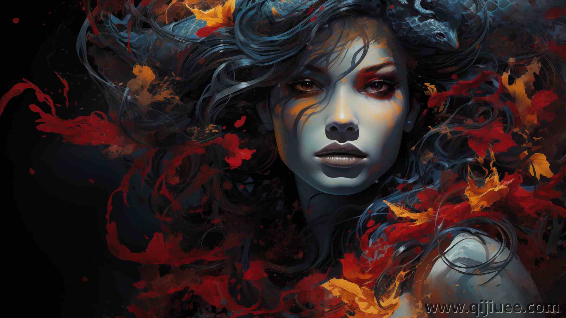 女人 美杜莎 AI艺术 数字艺术 数字绘画 肖像 电脑壁纸 4K壁纸5824 x 3264/3.68 MB-柒染云阁