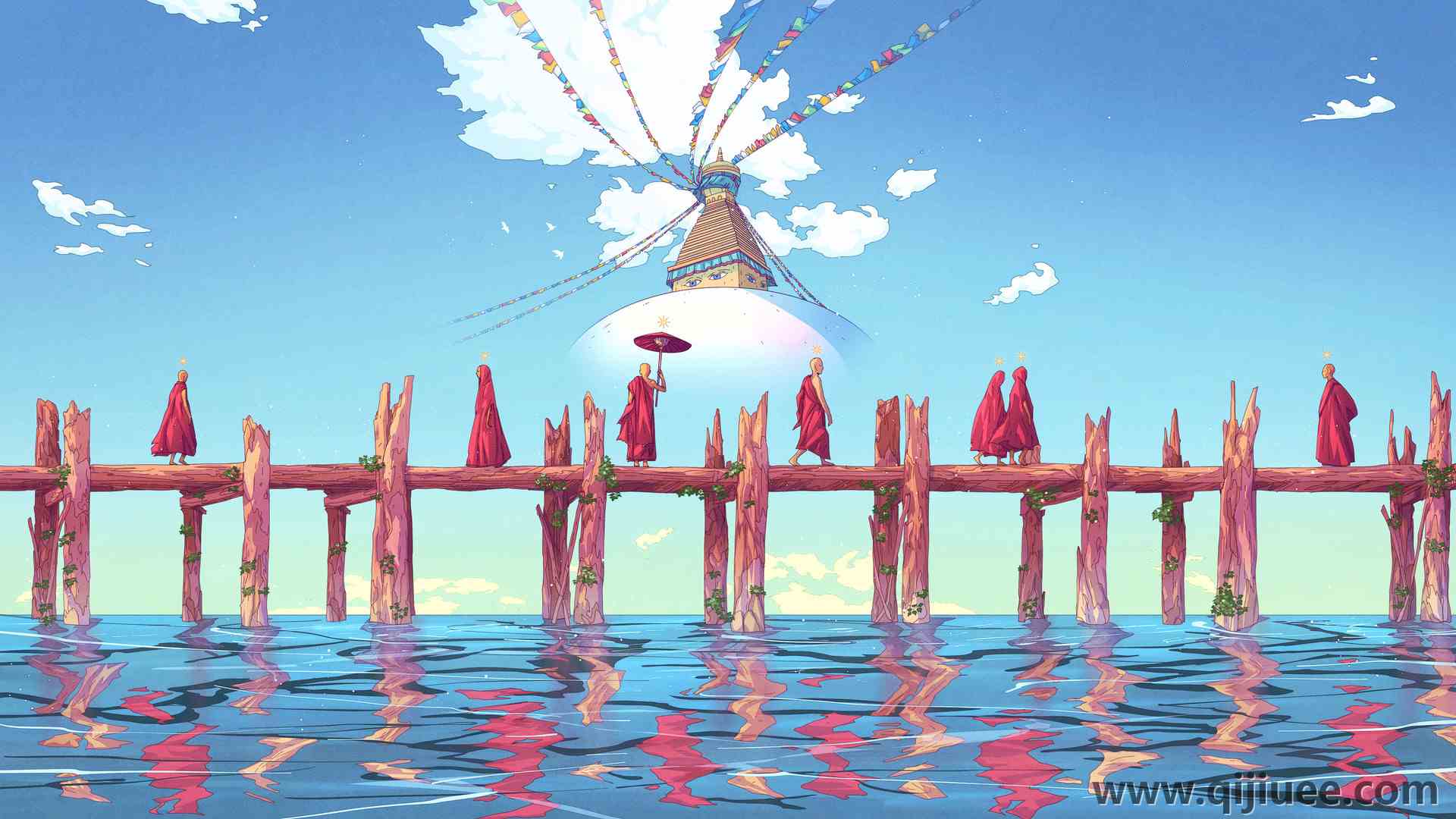 眼睛 僧侣  AI艺术 奇幻艺术 桥梁 河流 倒影 云 水 天空 伞  电脑壁纸 4K壁纸3840 x 2160/2.6 MB-柒染云阁