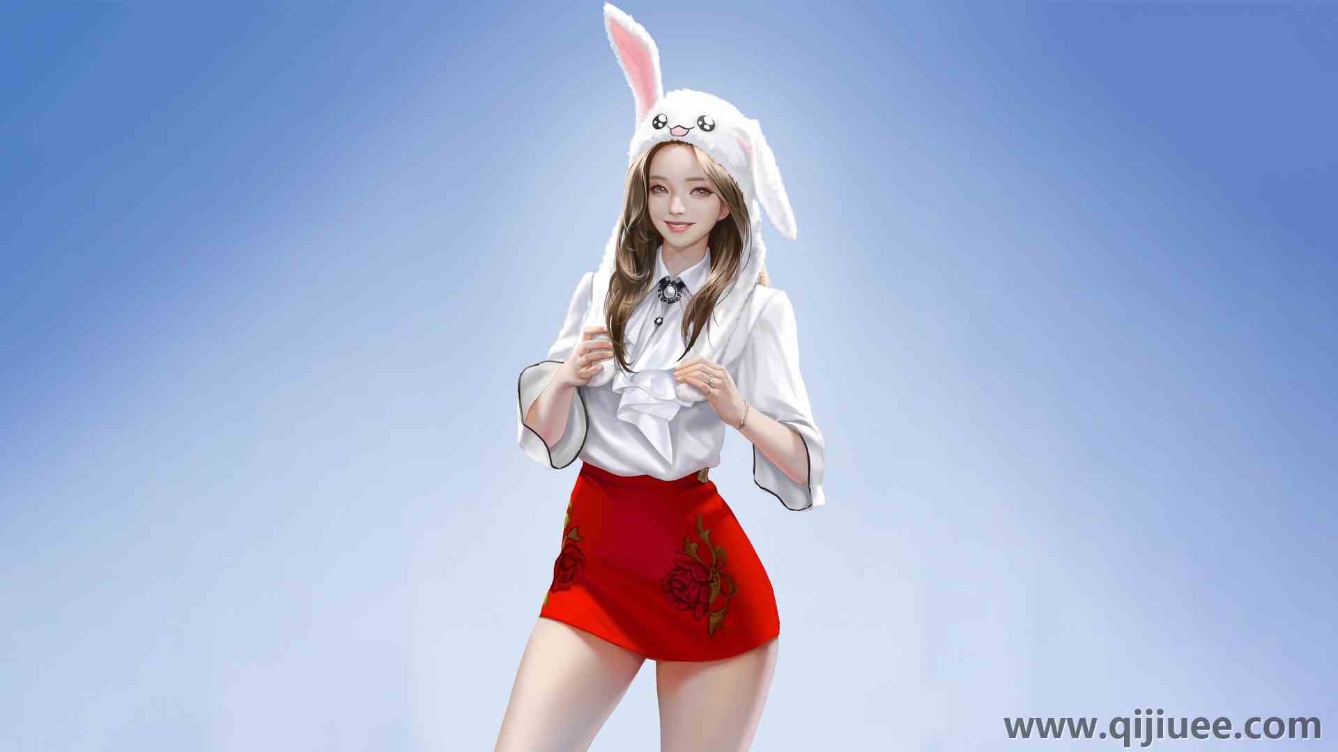 微笑 简单的背景 蓝色背景 动漫 动漫女孩 迷你裙  4K壁纸4800 x 2640/1.91 MB-柒染云阁