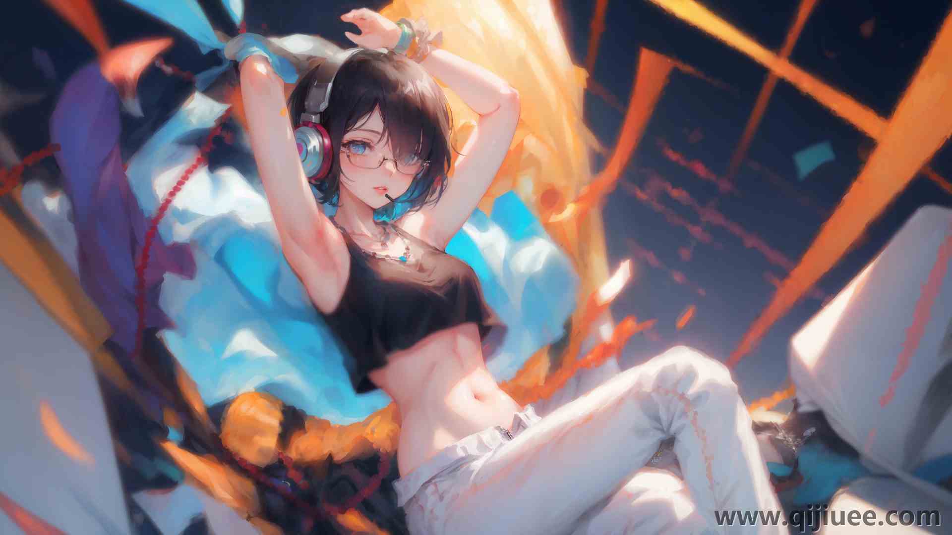 蓝眼睛 肚皮 短发 深色眼睛 动漫 动漫女孩 艺术 眼镜 耳机 黑色 项链  电脑壁纸 4K壁纸3840 x 2160/11.06 MB-柒染云阁