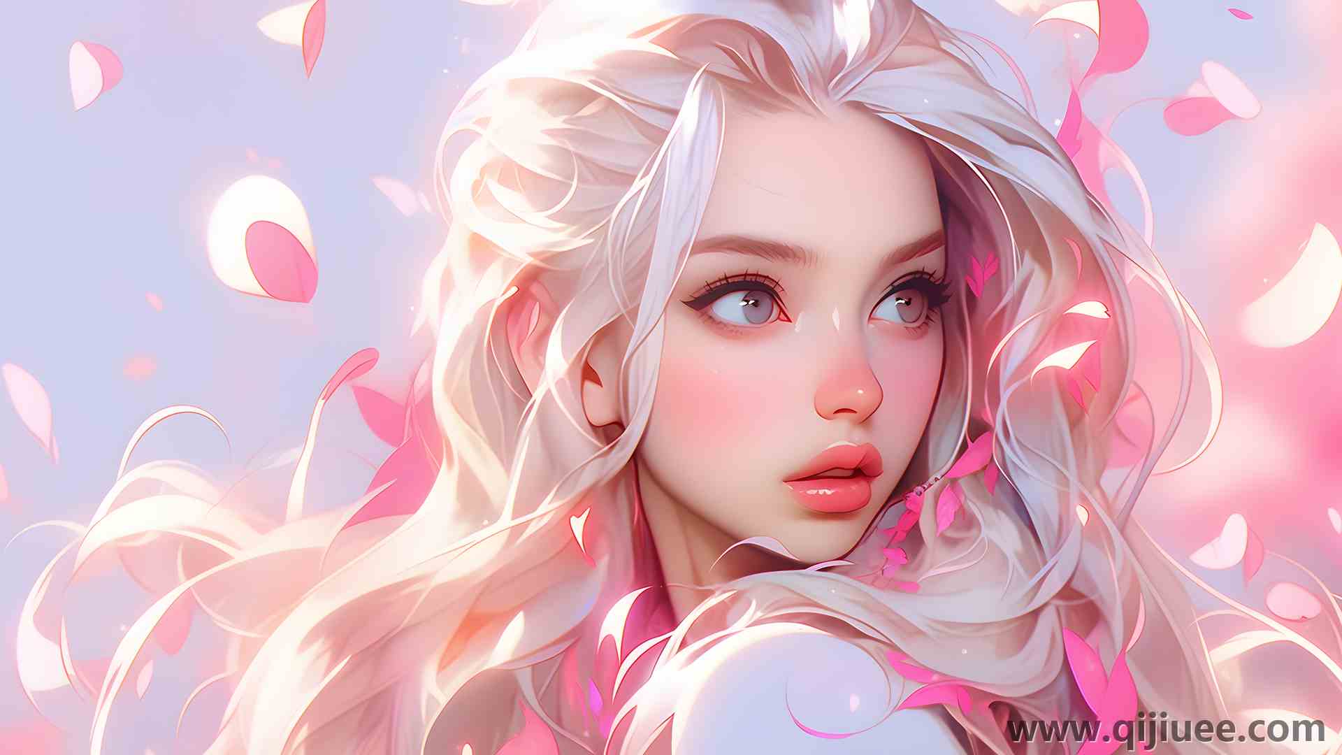 女人 长发 白发 灰色 眼睛  艺术 花瓣  电脑壁纸 4K壁纸3840 x 2160/2.62 MB-柒染云阁