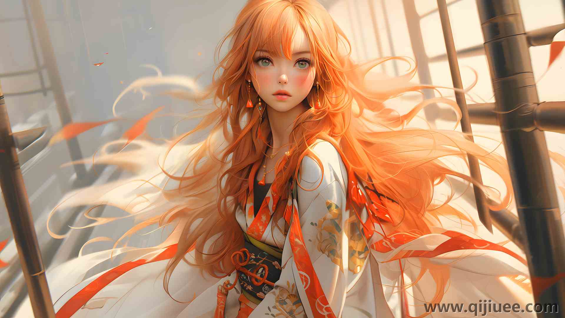 女人 红发 长发 服装 AI艺术 阳光 耳环 项链 腮红  电脑壁纸 4K壁纸3840 x 2160/3.44 MB-柒染云阁