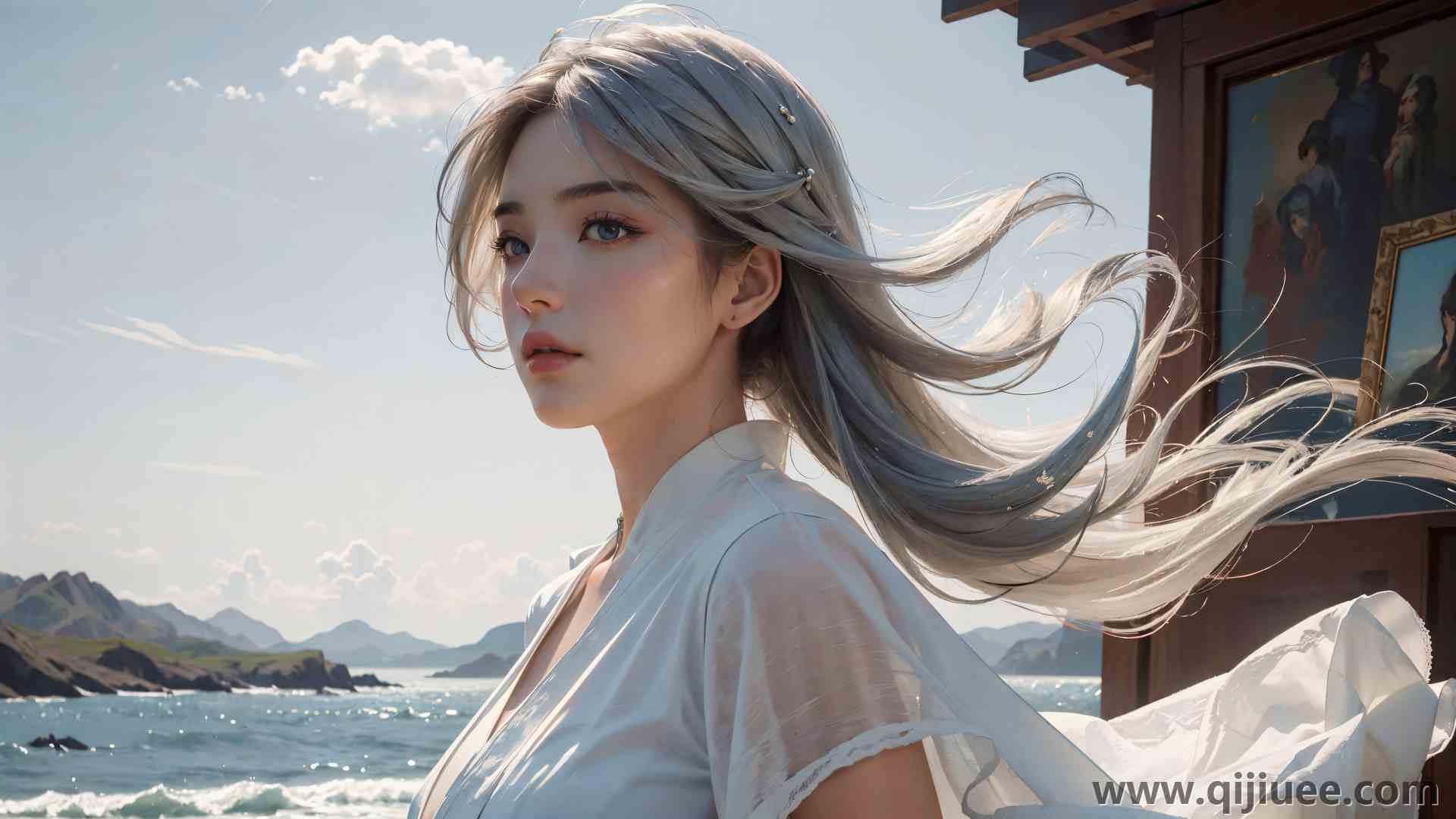 女人 长发 AI艺术 天空 山脉 银发 电脑壁纸 4K壁纸3840 x 2176/6.49 MB-柒染云阁