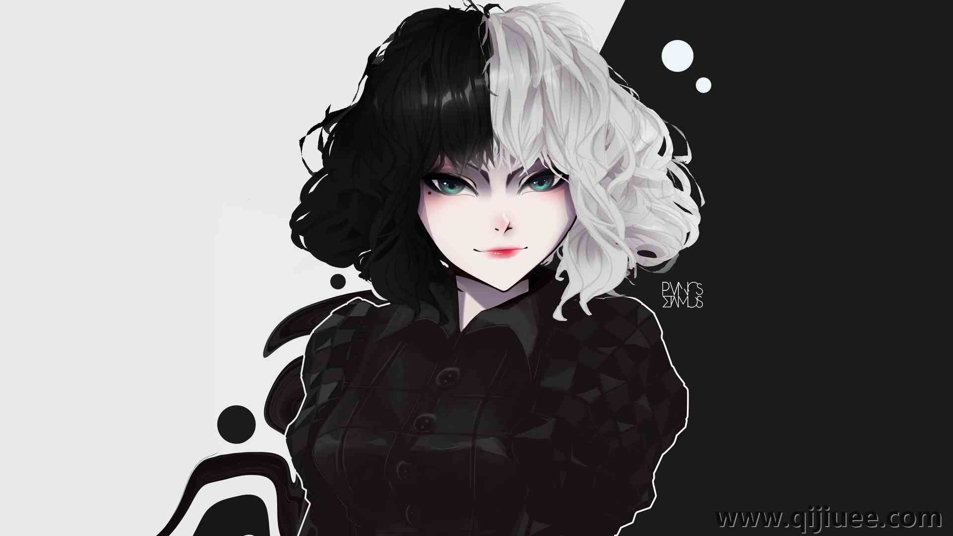 奇幻女孩 绿眼睛 白发  动漫女孩 黑 白 AI艺术 黑发 插图  电脑壁纸 4K壁纸4691 x 2866/2.38 MB-柒染云阁