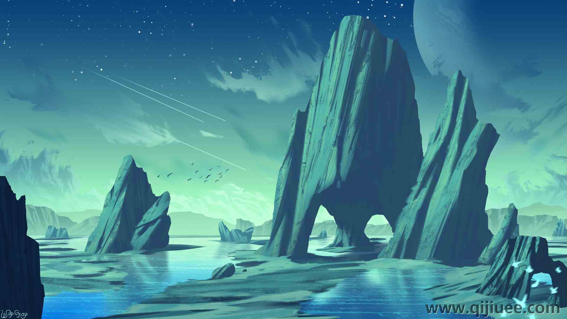 AI艺术 插图 风景 自然 环境 星星 鸟类 岩层 奇幻艺术 水 水印 行星 天空 云  电脑壁纸 4K壁纸3840 x 2160/9.19 MB-柒染云阁