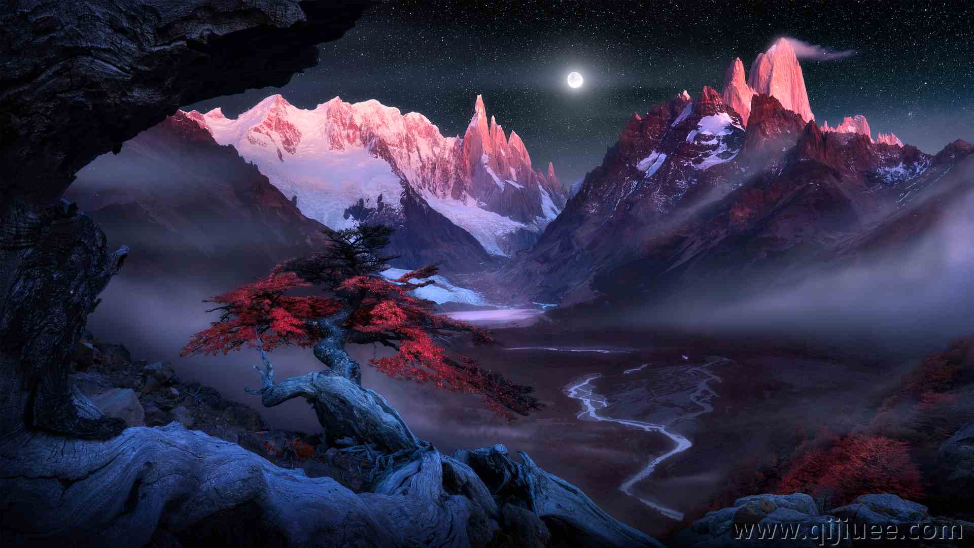 风景 自然 山脉 树木 夜 月亮 河流 雾 雪 夜 星夜 月光 满月 星星 雪山  电脑壁纸 4K壁纸5120 x 2881/11.31 MB-柒染云阁