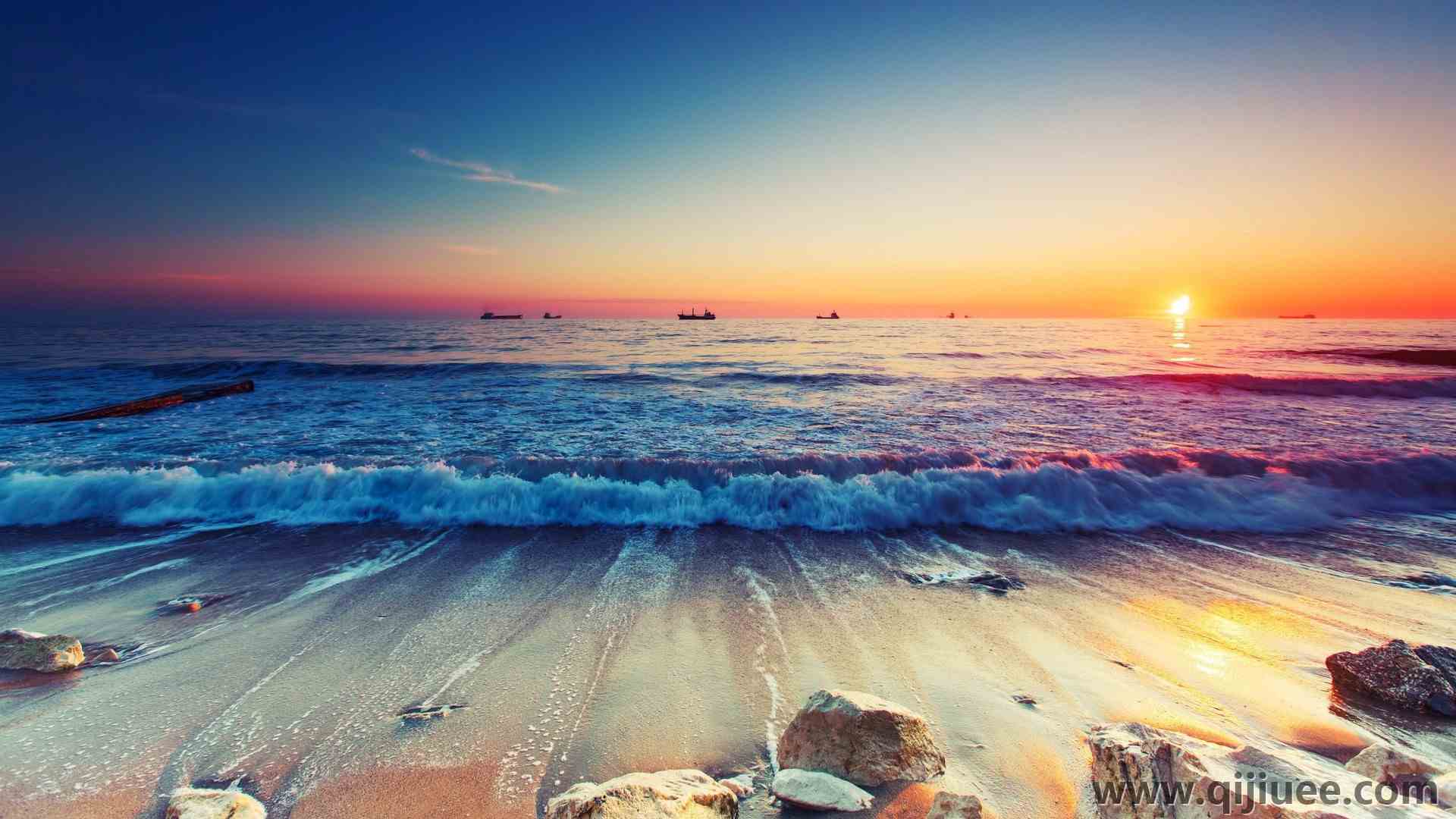 日落 海滩 海浪  4K壁纸3840 x 2160/1.38 MB-柒染云阁