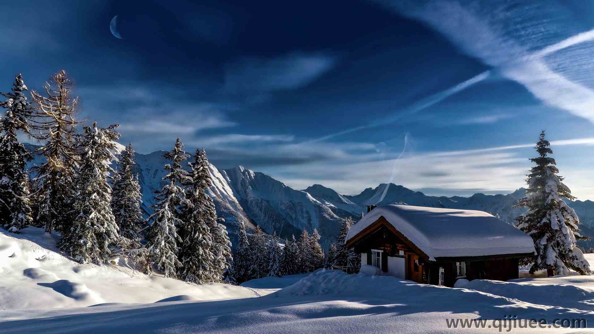自然 风景 冬天 雪 天空 云 树 房子  4K壁纸3840 x 2543/3.24 MB-柒染云阁