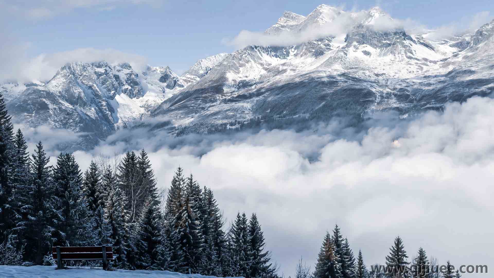 自然 风景 山脉 雪峰 雪山 冬天 寒冷 户外 长凳 树木  4K壁纸3840 x 2160/2.22 MB-柒染云阁