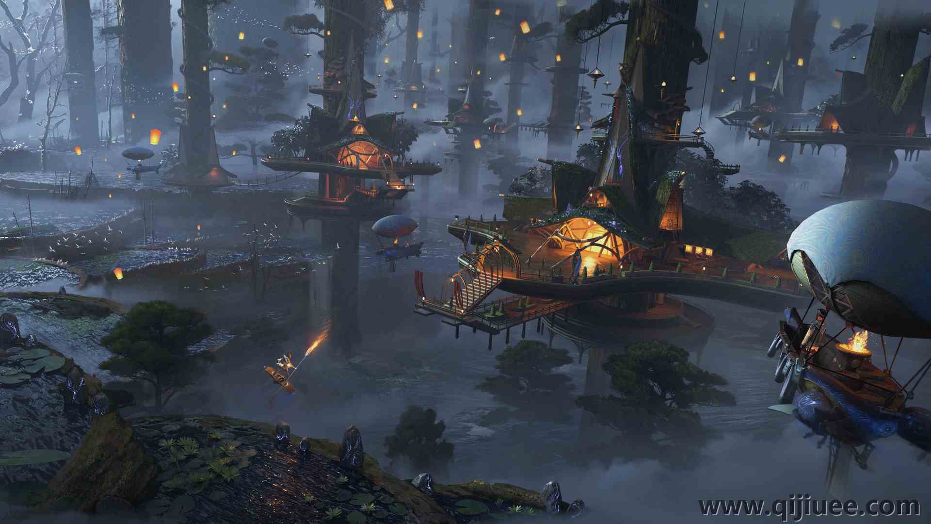 景观 概念艺术 奇幻建筑 奇幻艺术 村庄 森林 树木 电脑壁纸 4K壁纸6000 x 2729/12.36 MB-柒染云阁