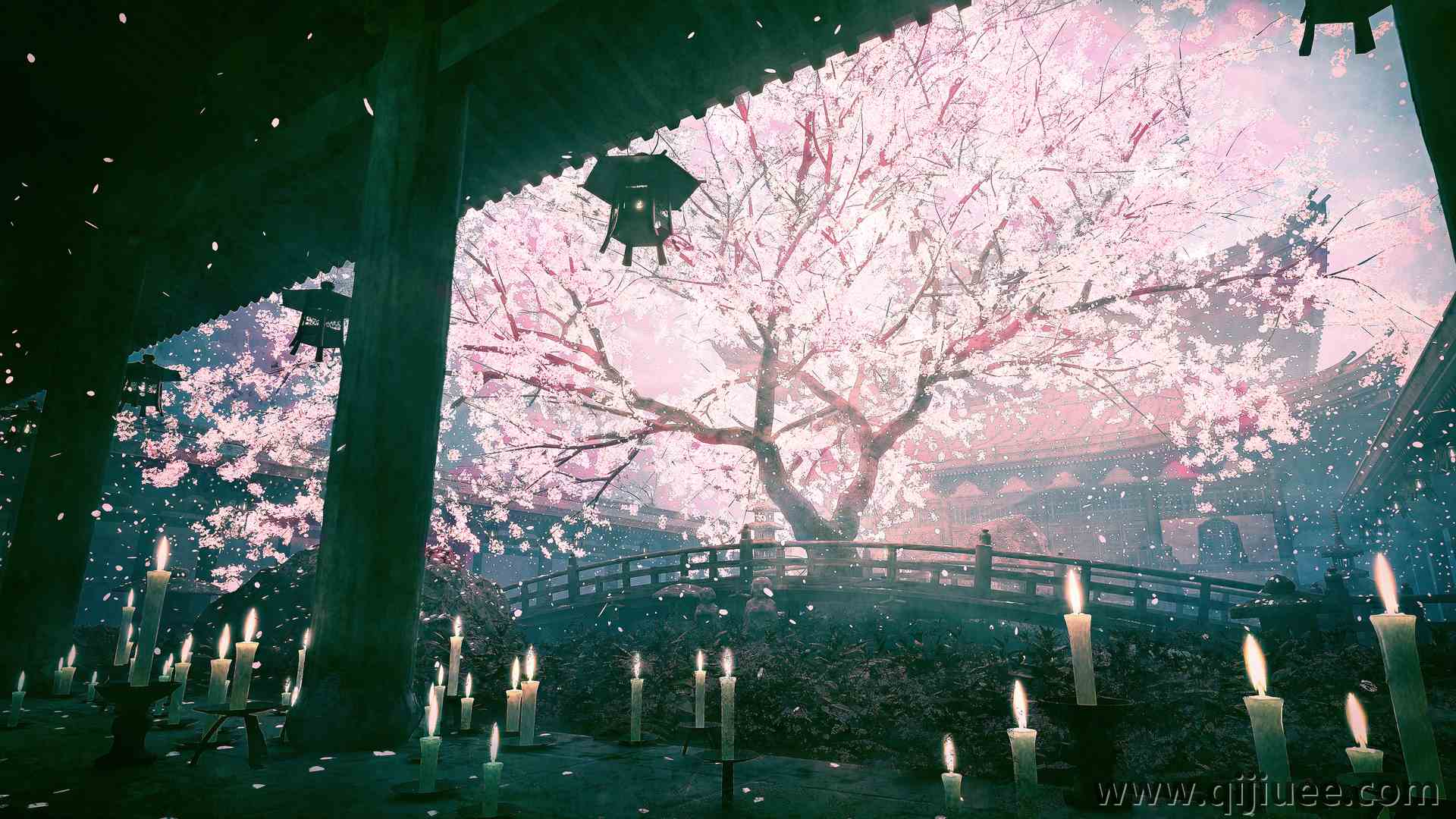 寺庙 樱花 禅宗花园 蜡烛  4K壁纸3840 x 2160/15.89 MB-柒染云阁
