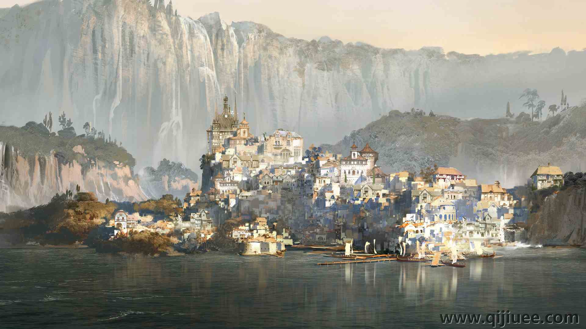 视觉 插图 山 城市 水 风景 长老卷轴 游戏CG  电脑壁纸 4K壁纸5000 x 2500/2.93 MB-柒染云阁