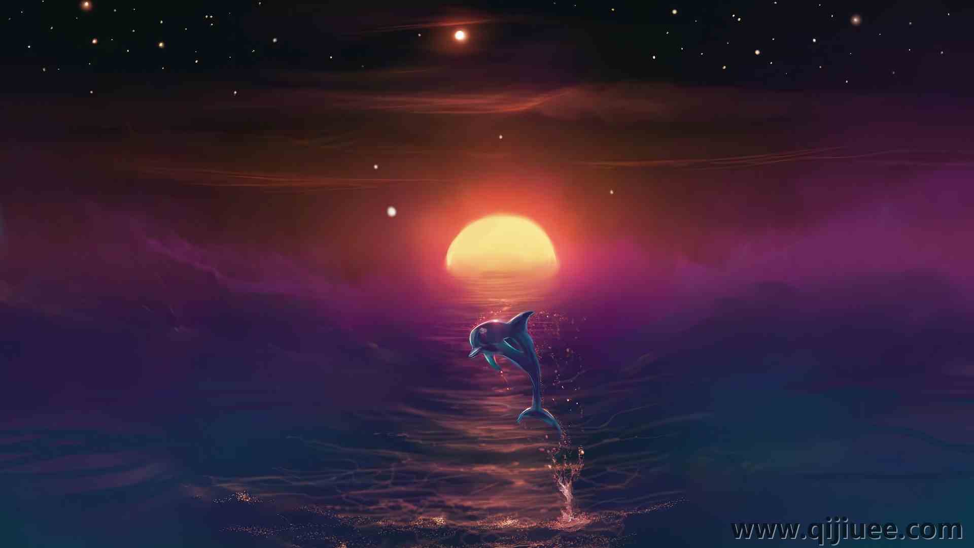 奇幻艺术 海豚 海洋 月亮 星星 夜晚 动物 五颜六色 AI艺术  电脑壁纸 4K壁纸3840 x 2561/2.78 MB-柒染云阁