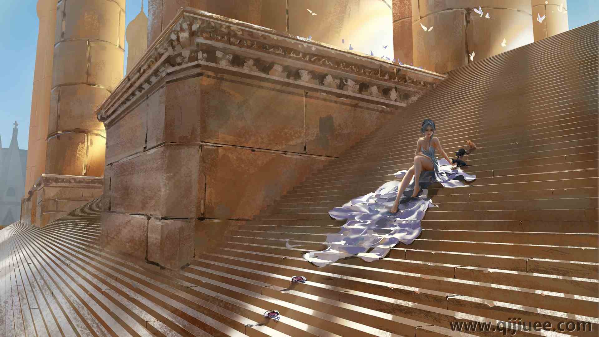 奇幻女孩 腿 赤脚 楼梯 电脑壁纸 4K壁纸5552 x 3190/2.74 MB-柒染云阁