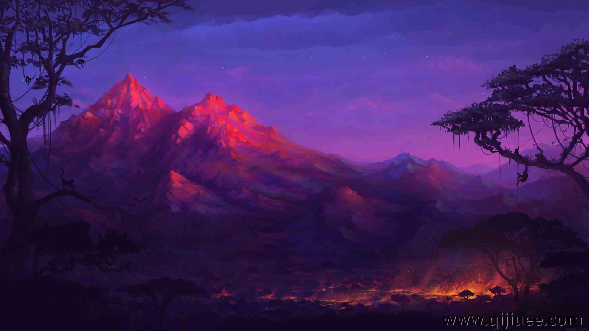 奇幻艺术 山 五颜六色 猴子 夜 树 火 风景  电脑壁纸 4K壁纸5000 x 2828/0.93 MB-柒染云阁