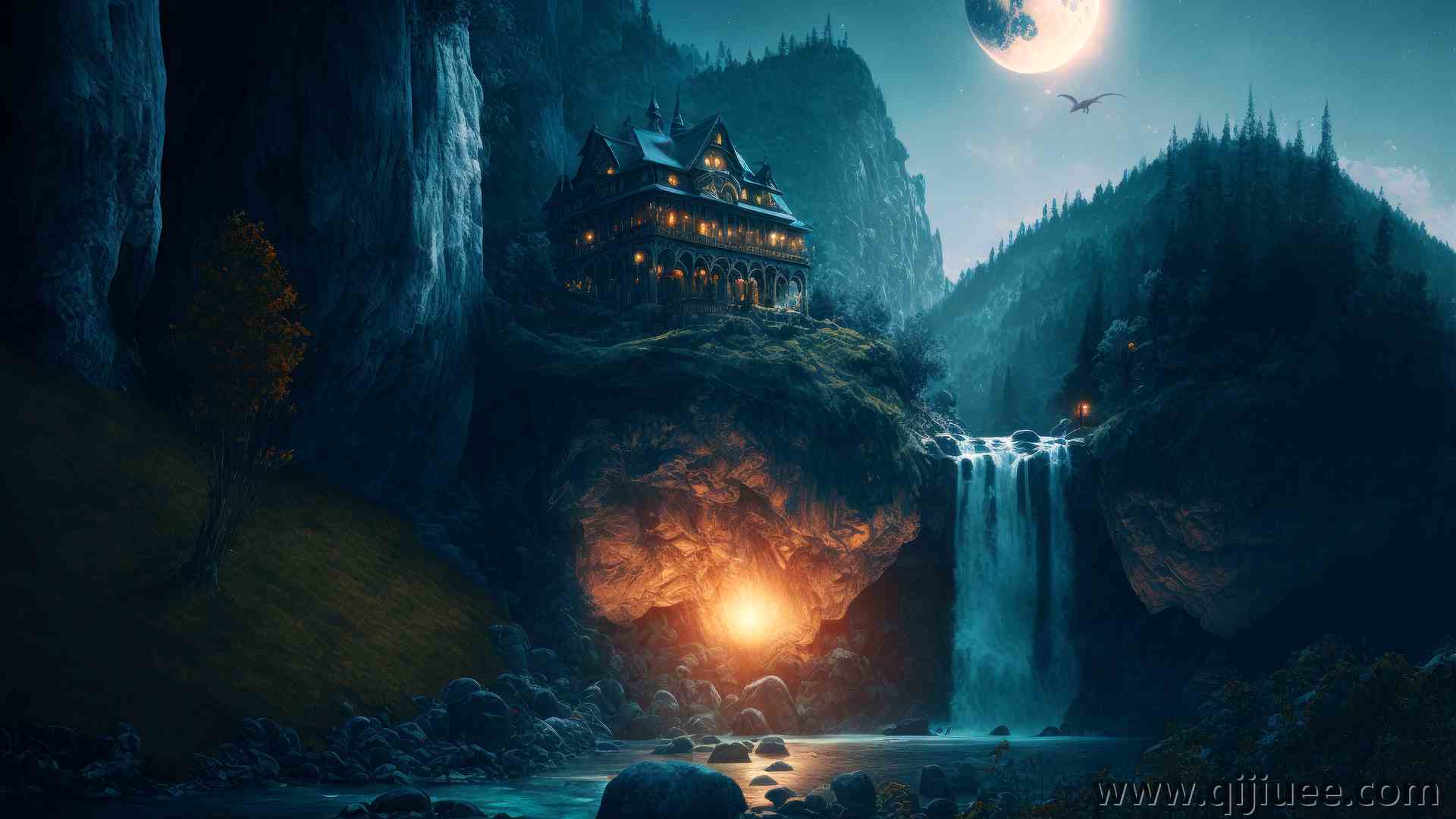 风景 奇幻城堡 艺术 瀑布 水 月亮 奇幻艺术 城堡 空间  电脑壁纸 4K壁纸3840 x 2160/13.72 MB-柒染云阁