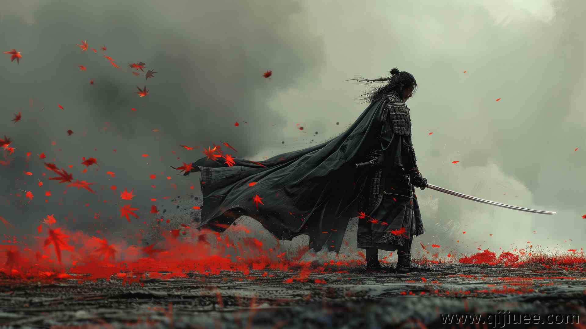 亚洲 人工智能艺术 插图 武士 树叶 烟雾 剑   电脑贴纸 4K贴纸5824 x 3264/11.04 MB-柒染云阁